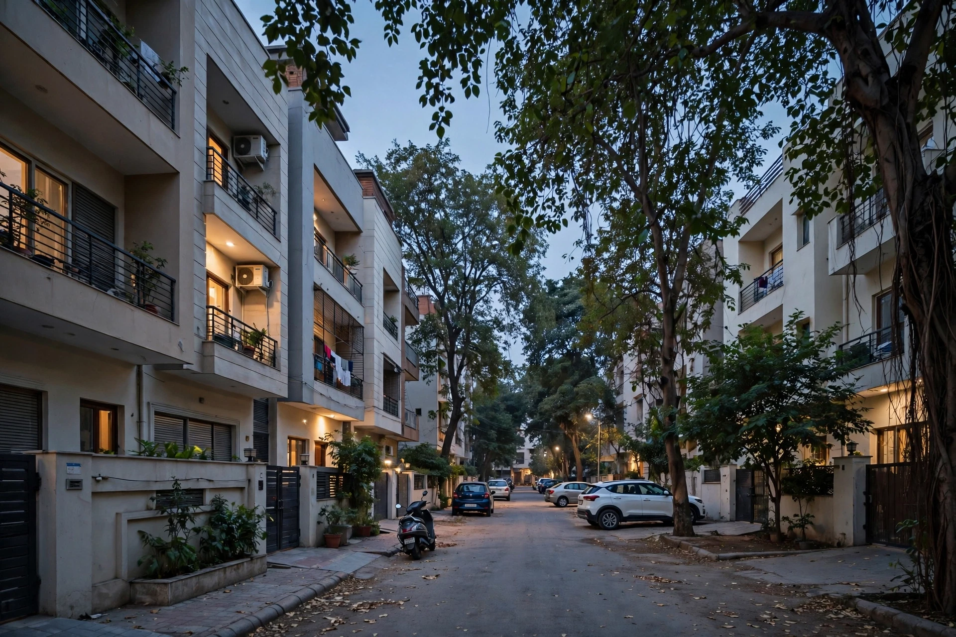Quiet tree-lined lane with builder floors at dusk