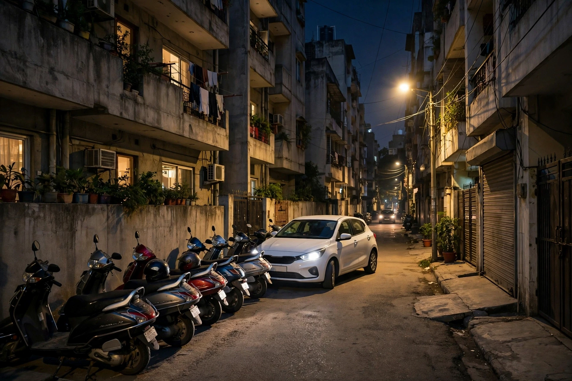 Car squeezing past parked scooters on narrow lane