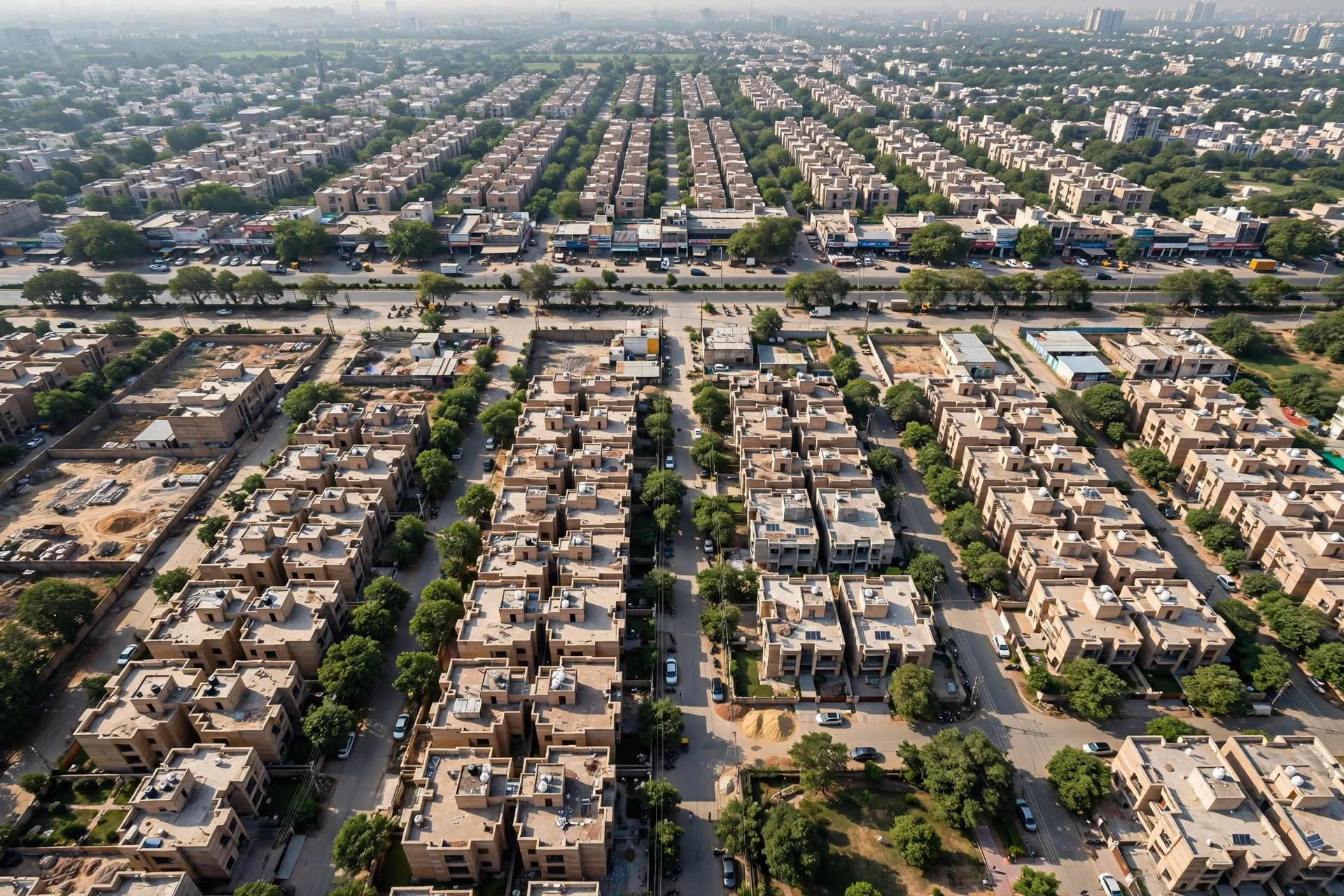 Aerial view of tree-lined residential blocks
