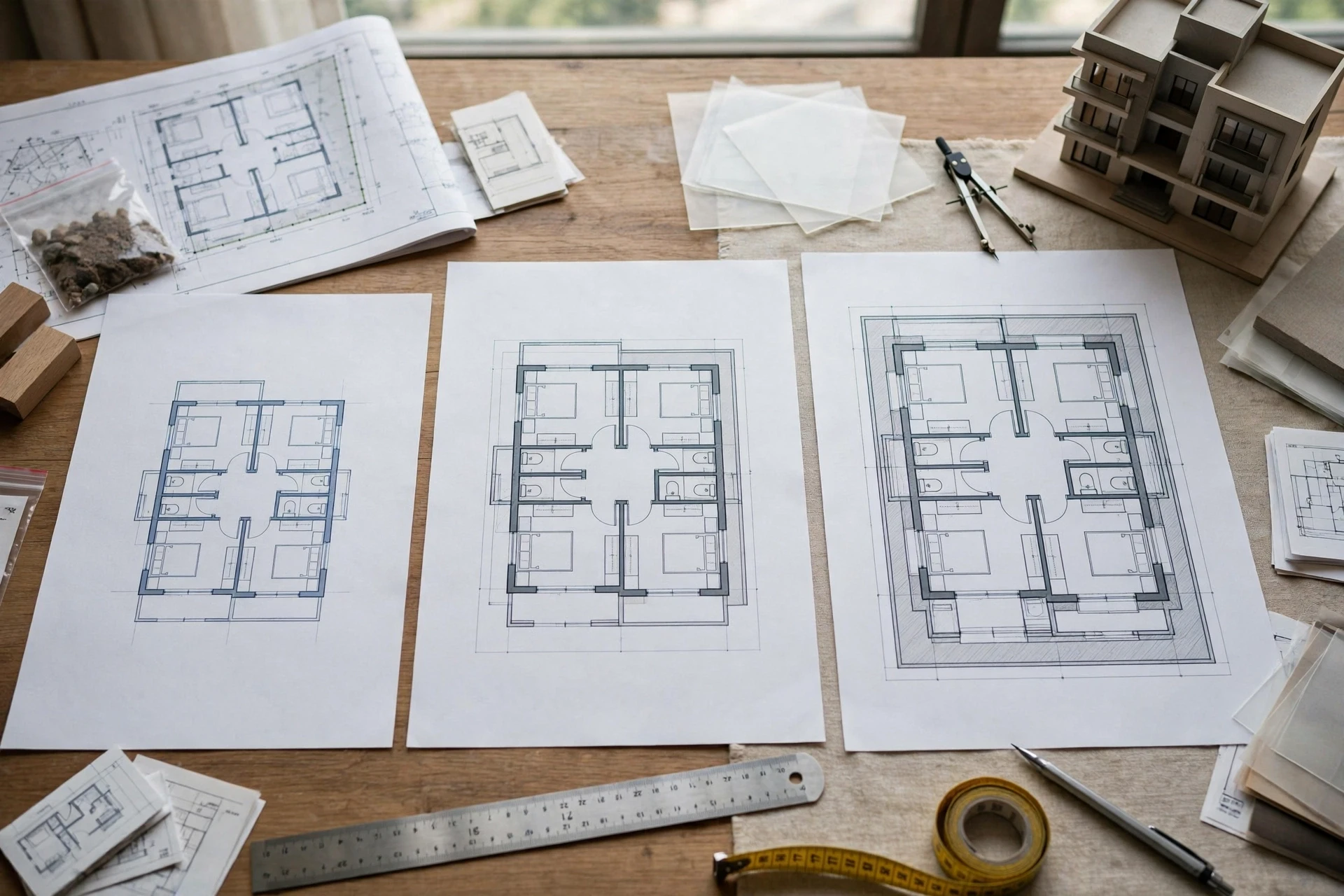 Architectural floor plan on drafting desk with scale ruler