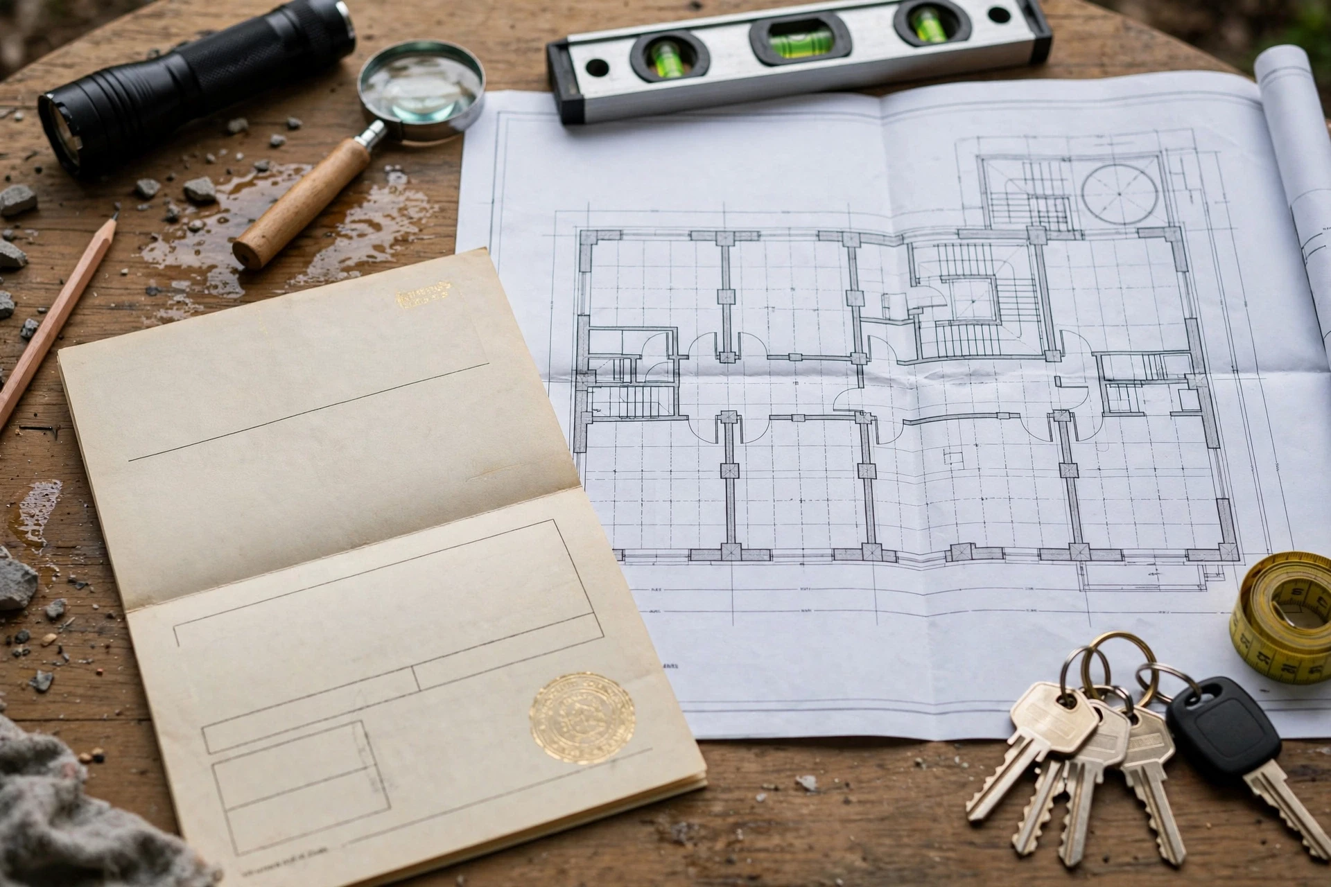 Title deed and keys on wooden table