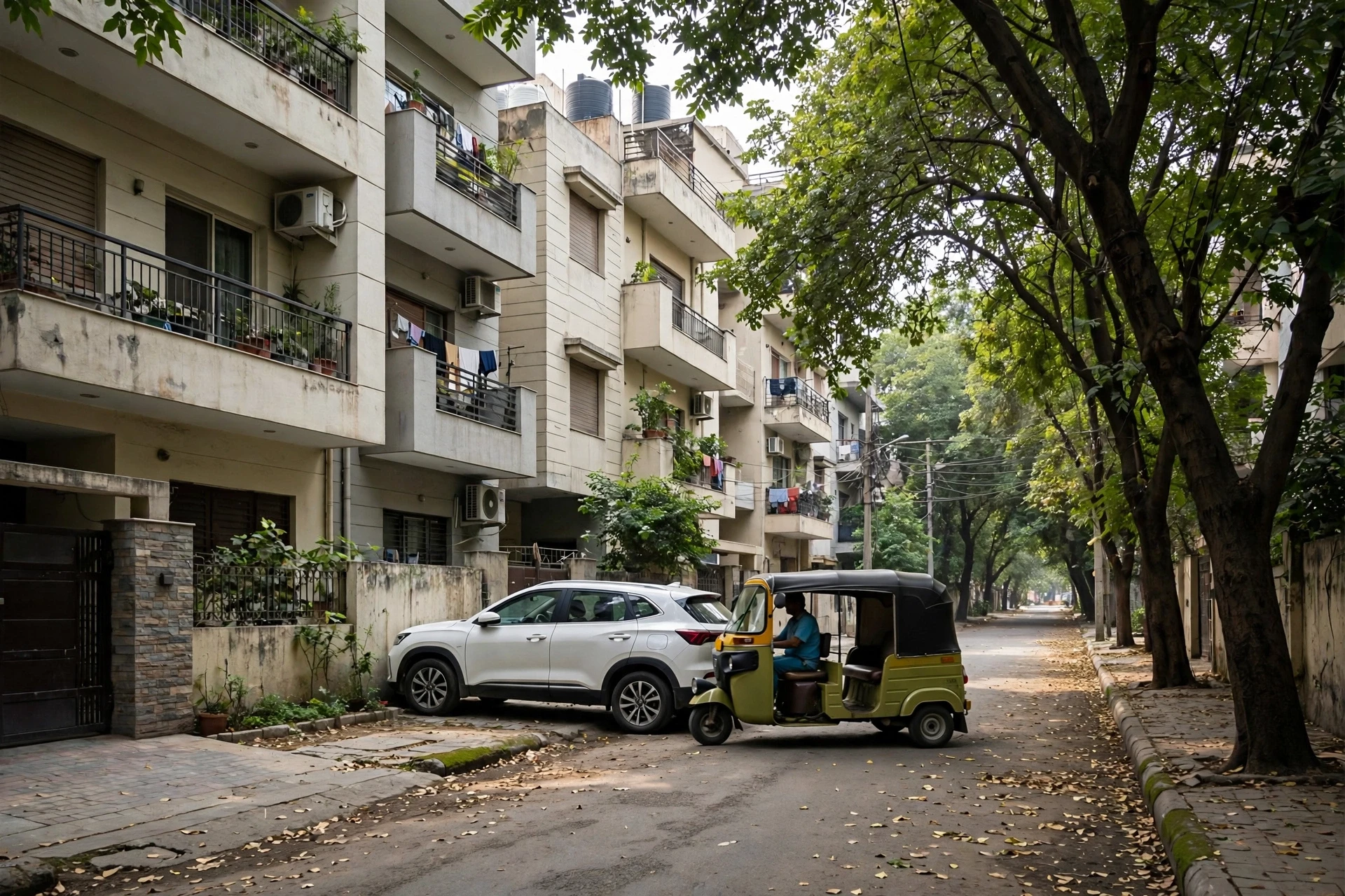 Car and auto rickshaw on narrow residential street