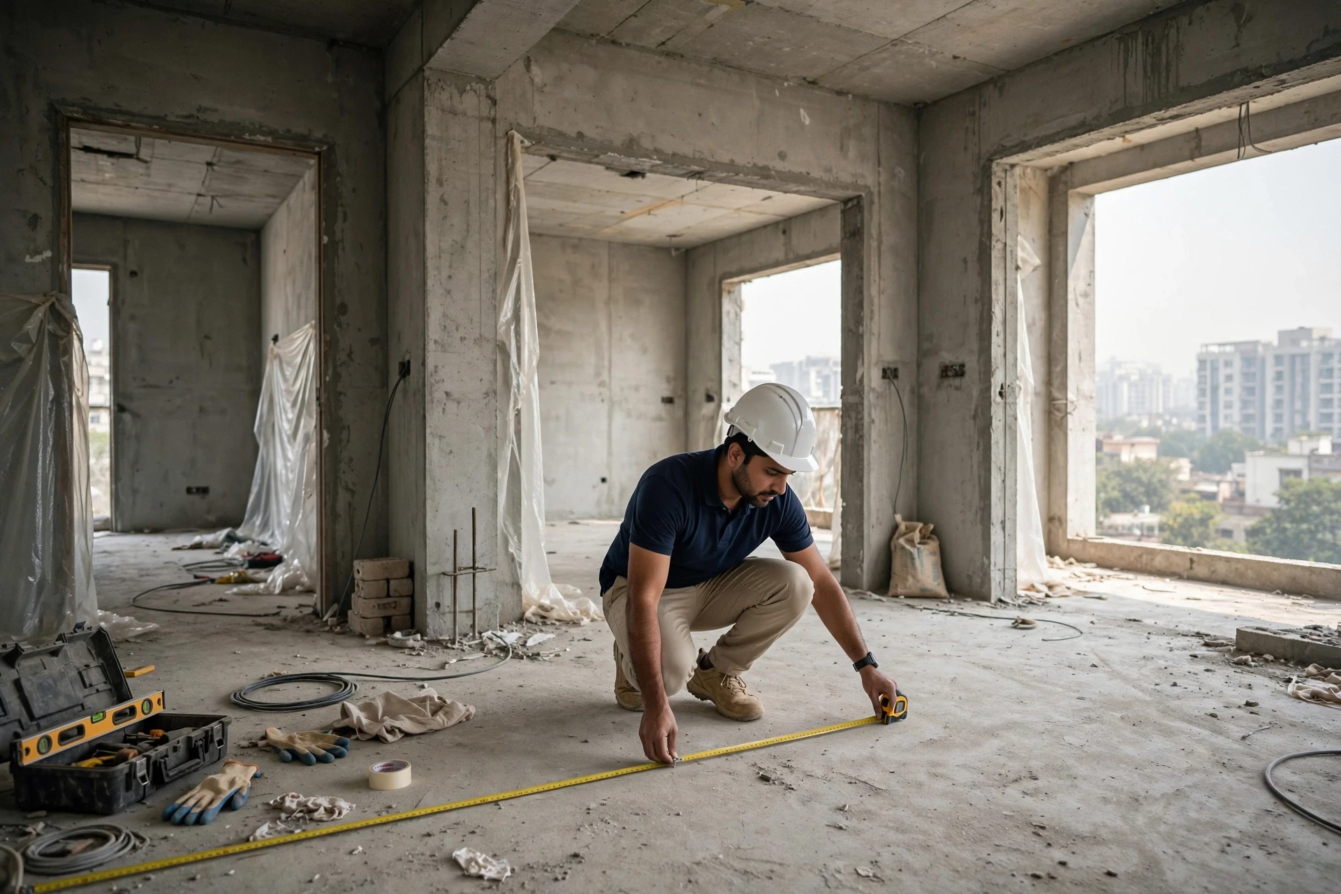Buyer inspecting spacious unfinished three-bedroom floor