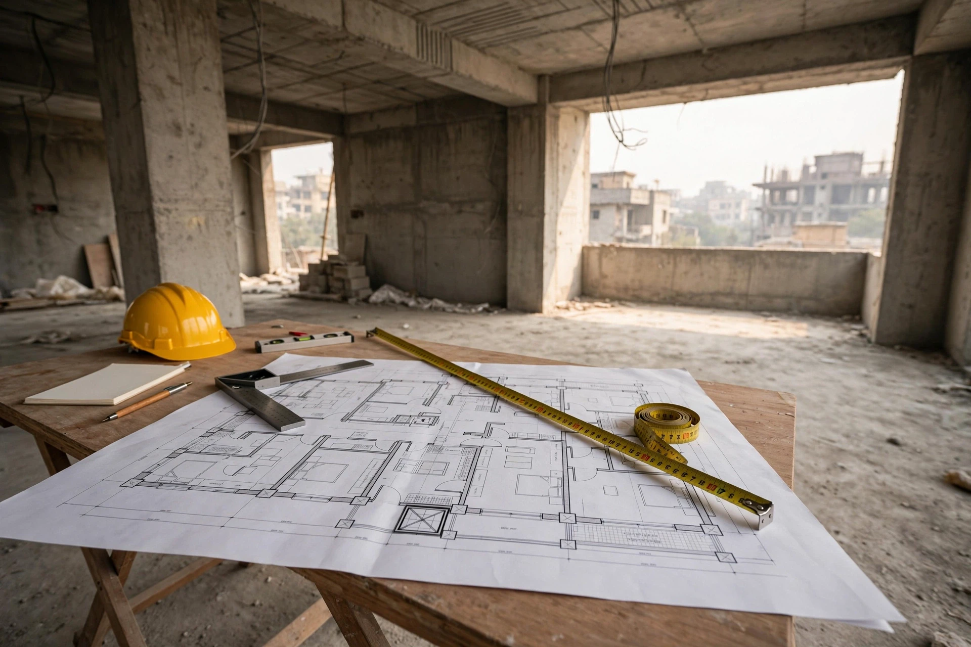 Architect's floor plan with measuring tape on concrete