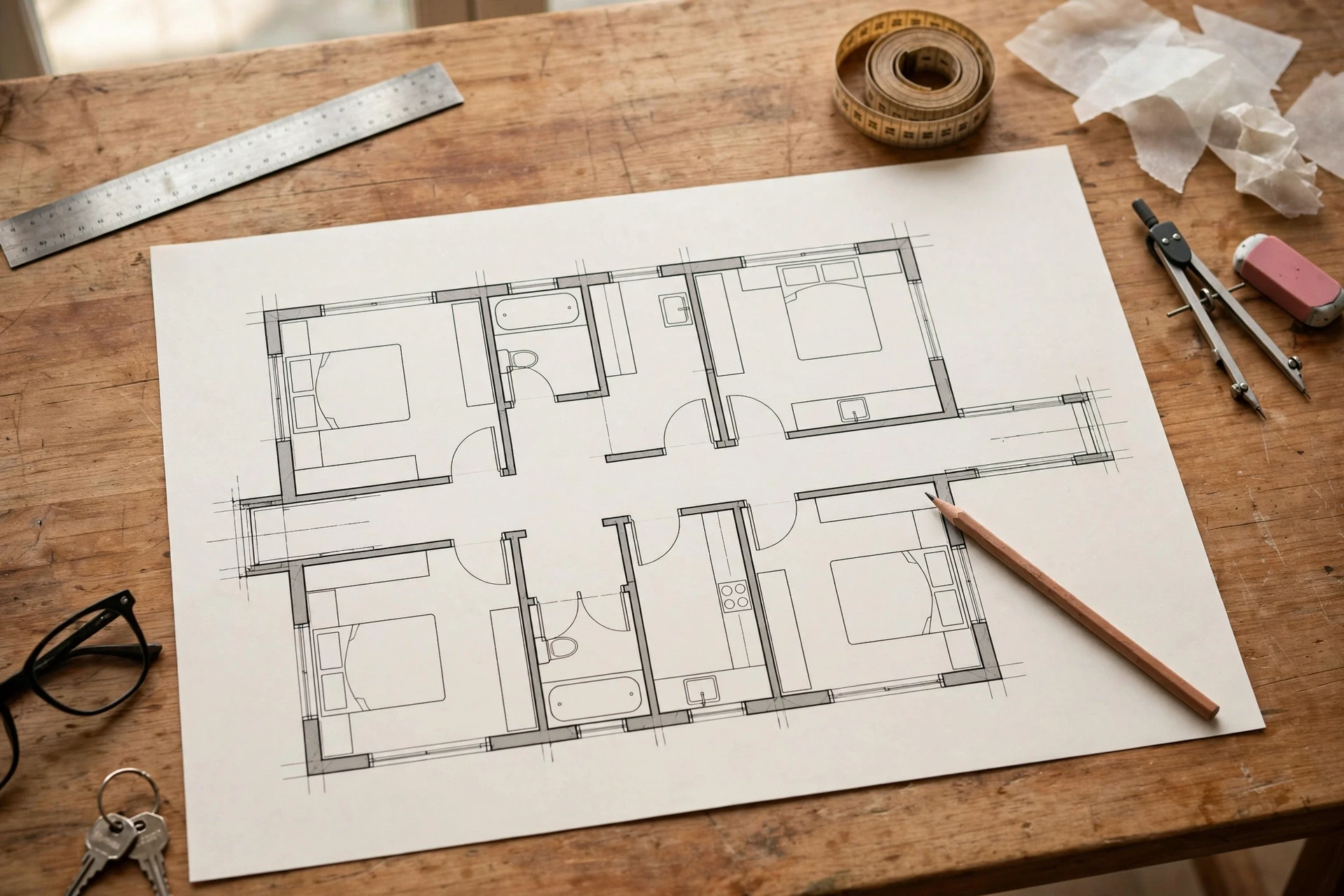 Architect's floor plan with pencil on wooden table