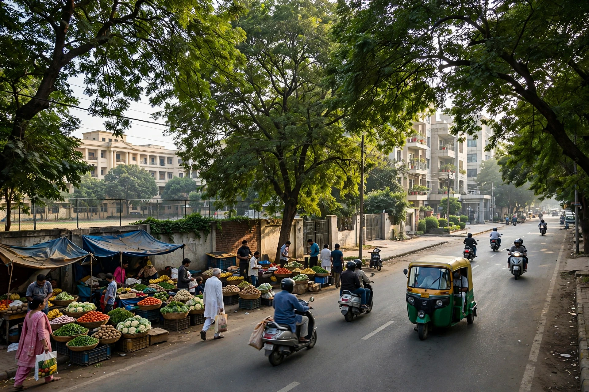 Morning traffic on tree-lined Gurgaon sector road