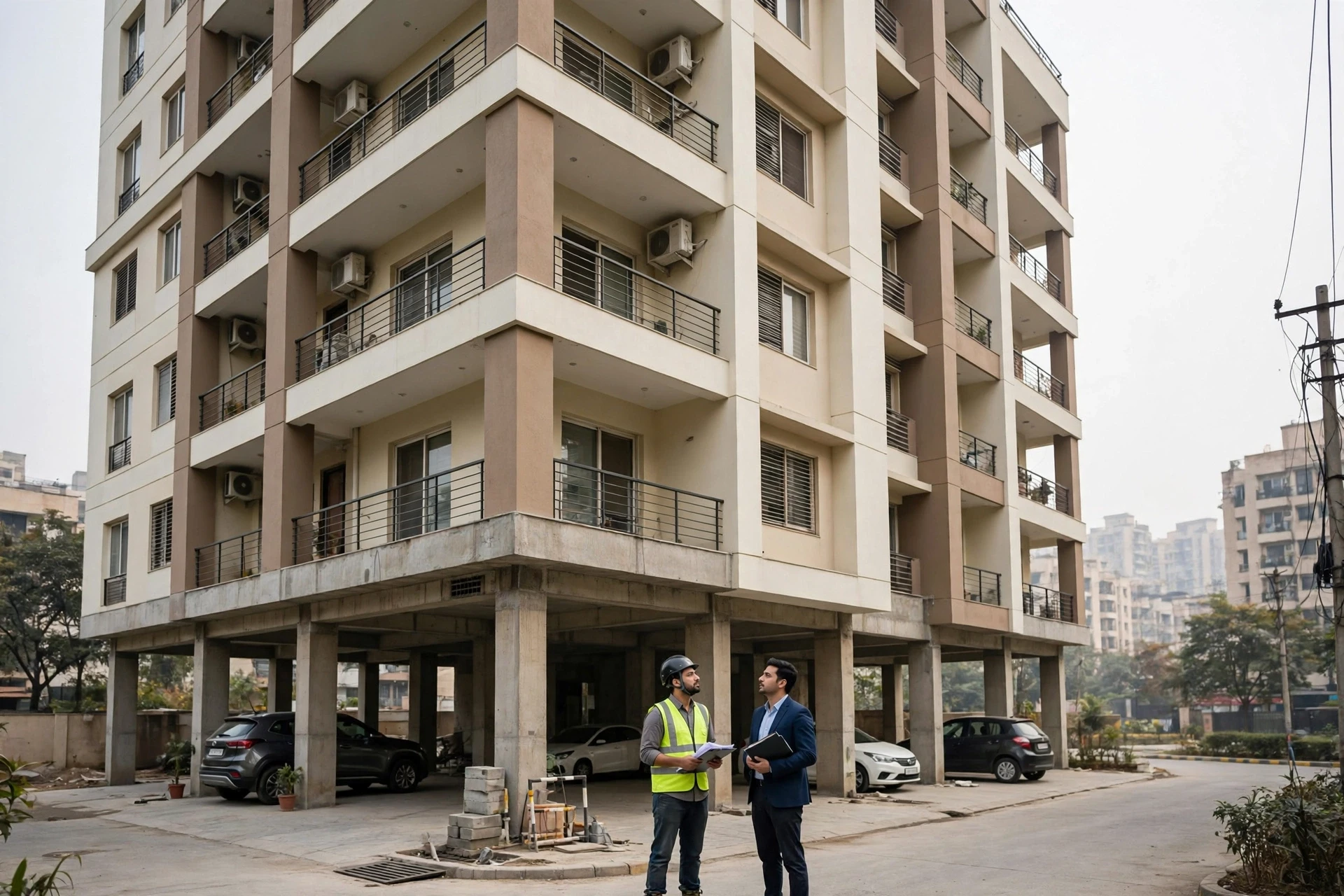 Stilt-plus-four building with cars parked below