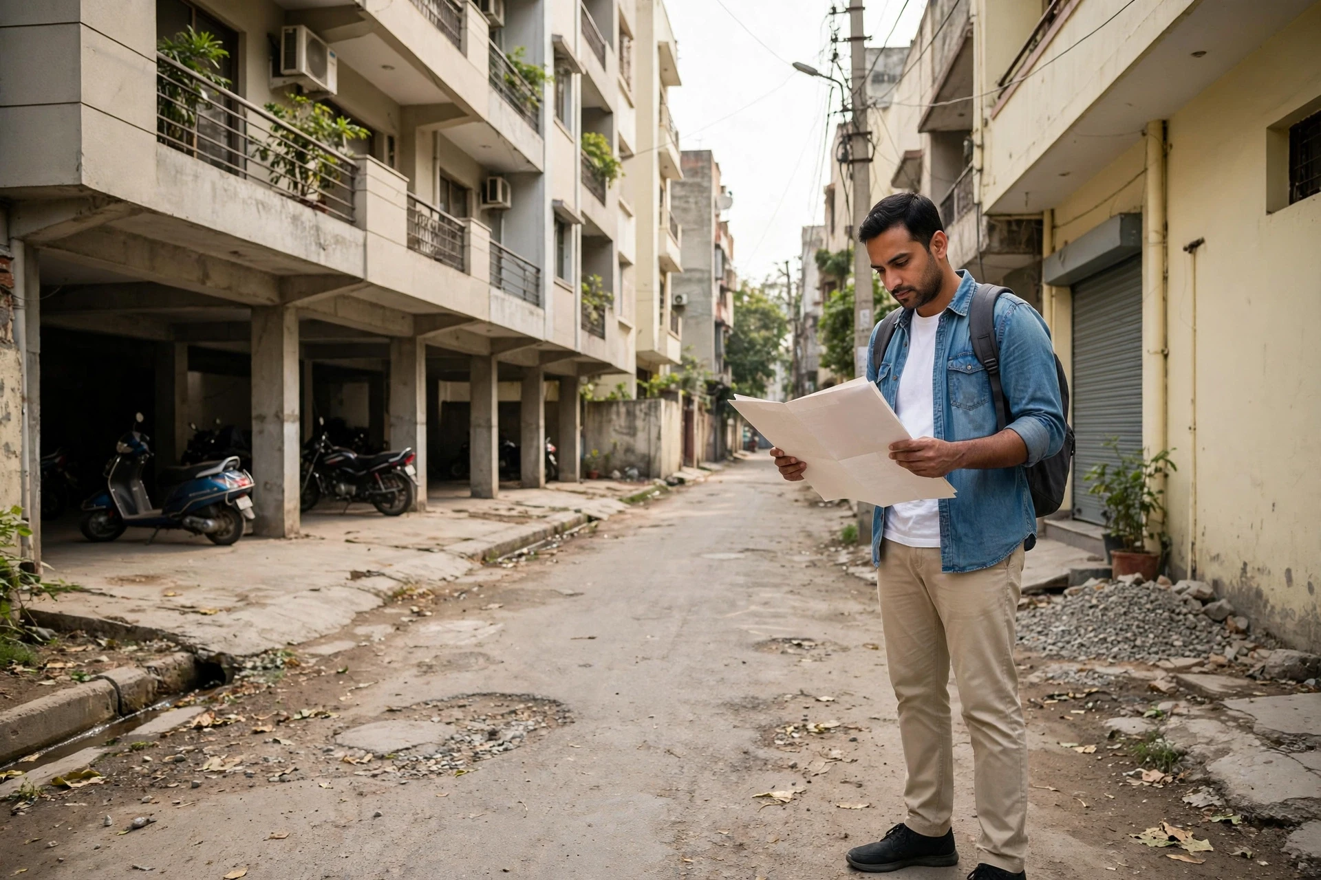 Buyer reviewing building plan on residential lane