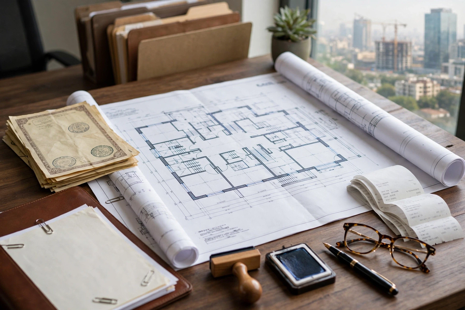 Property documents laid out on lawyer's desk