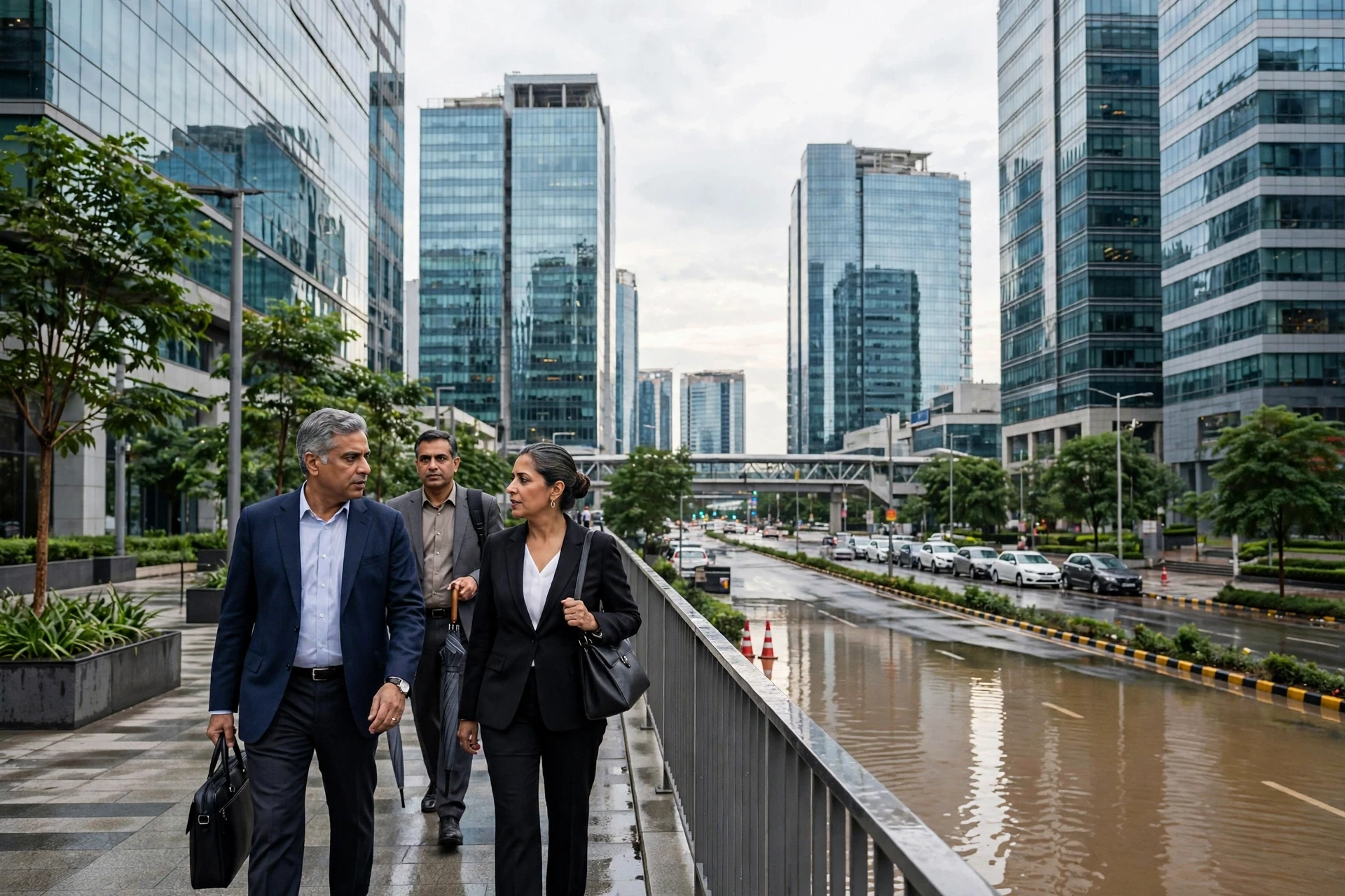 Corporate professionals walking past Cyber City office towers