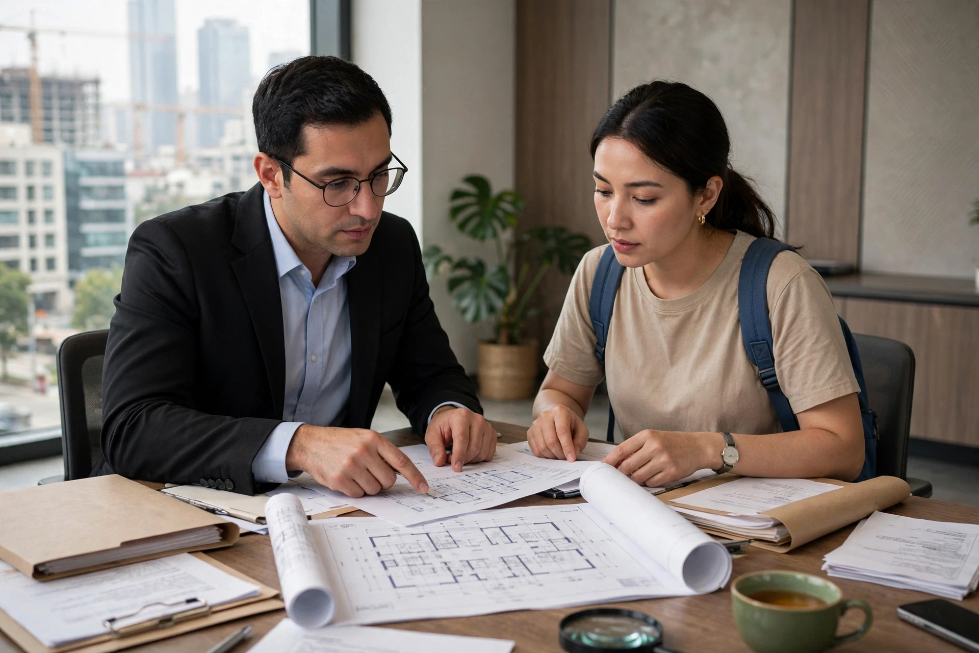 Lawyer and buyer reviewing property documents