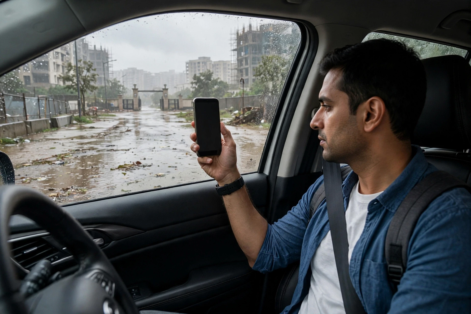 Homebuyer photographing flooded service road from car