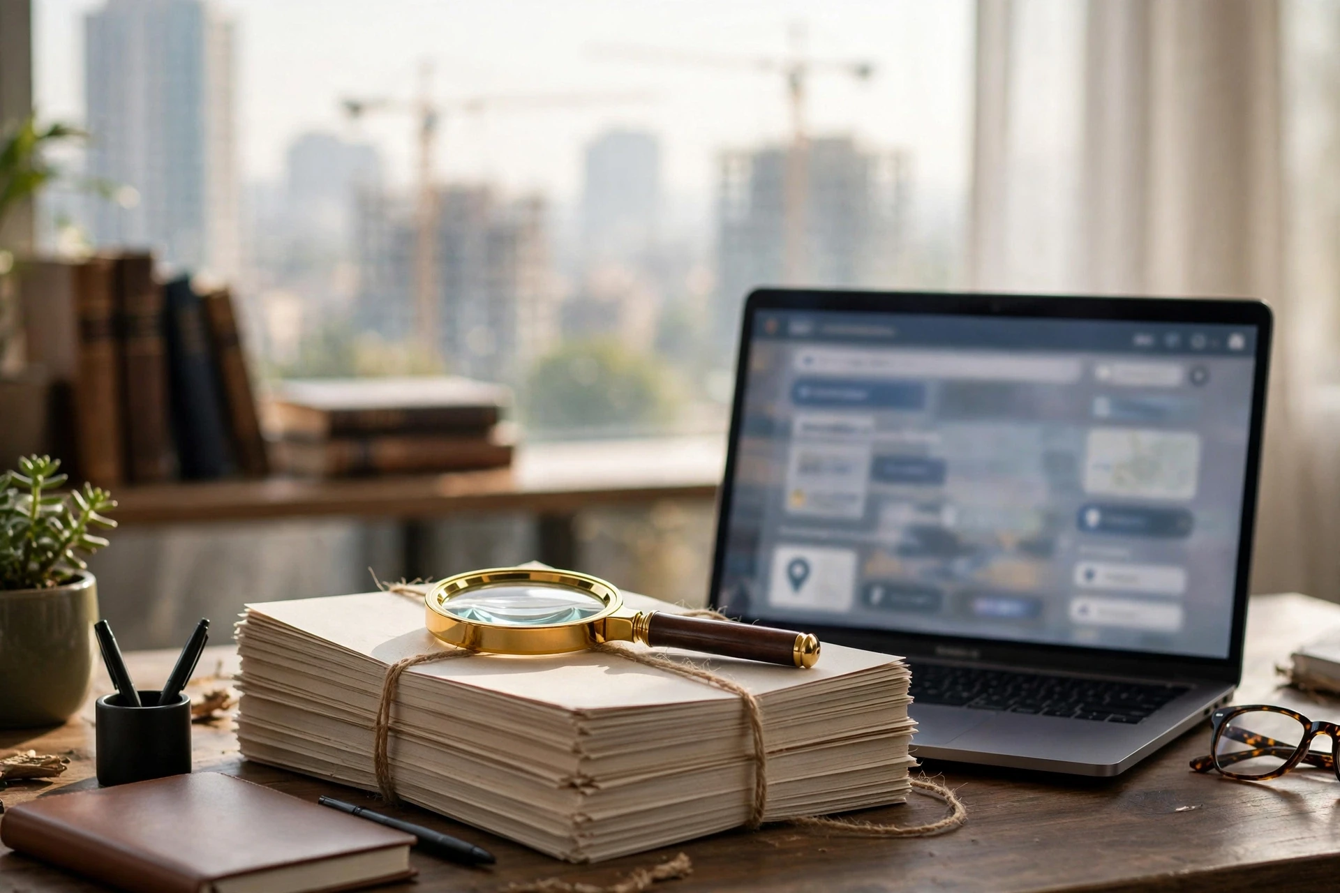 Property lawyer reviewing land title deeds and portal