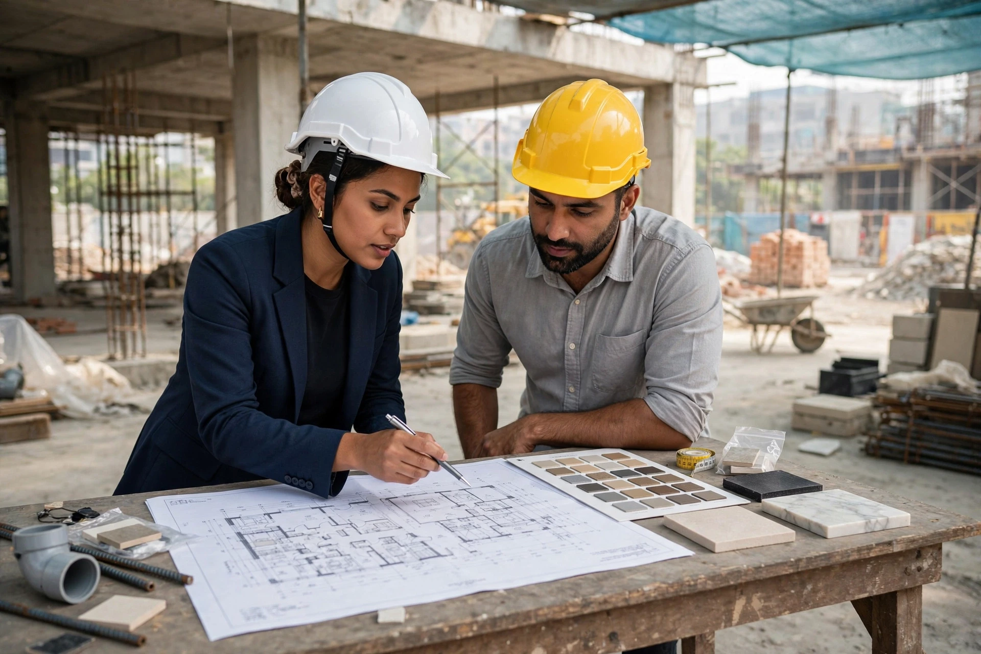 Architect reviewing floor plan with buyer at site