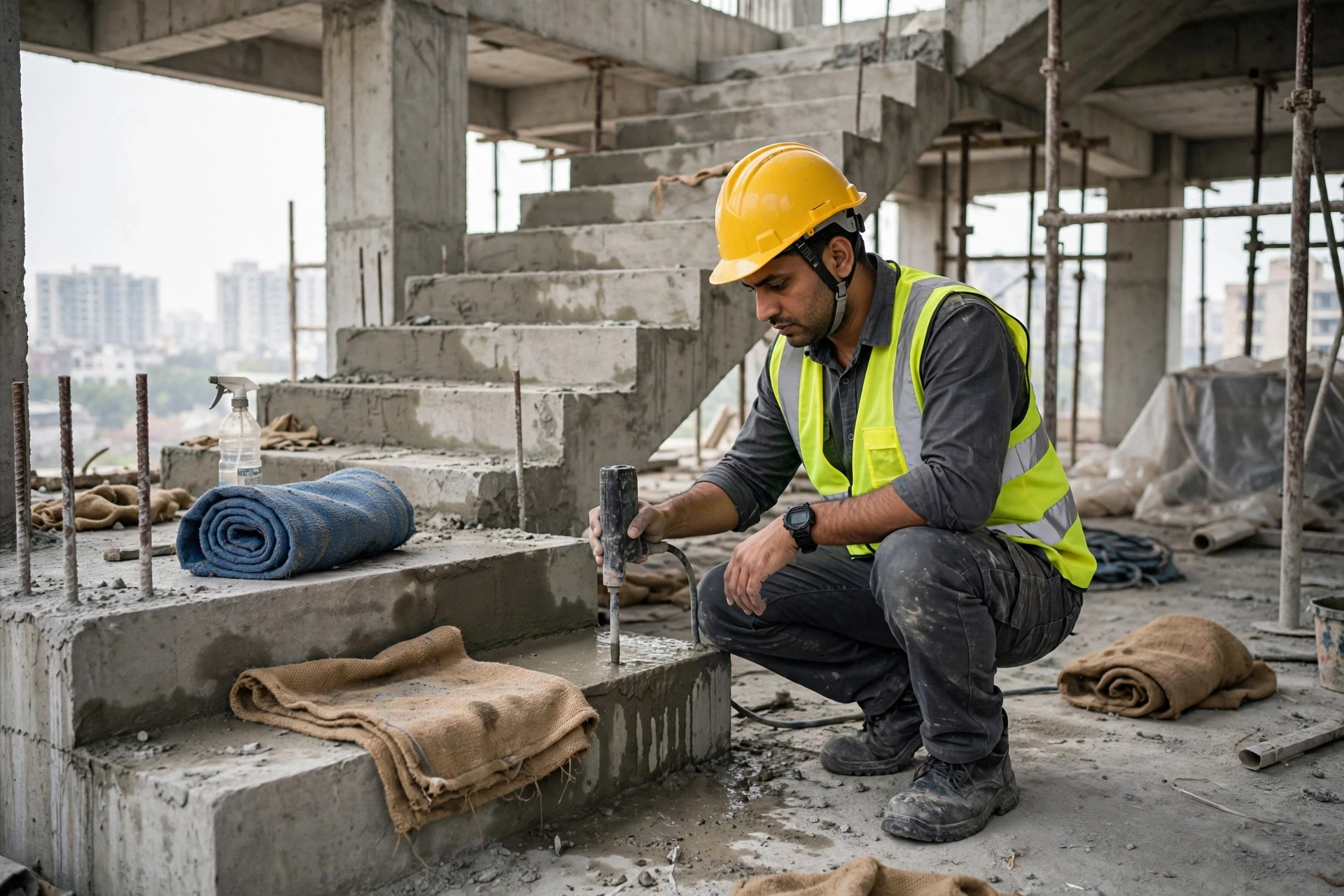 Site engineer inspecting unfinished concrete staircase