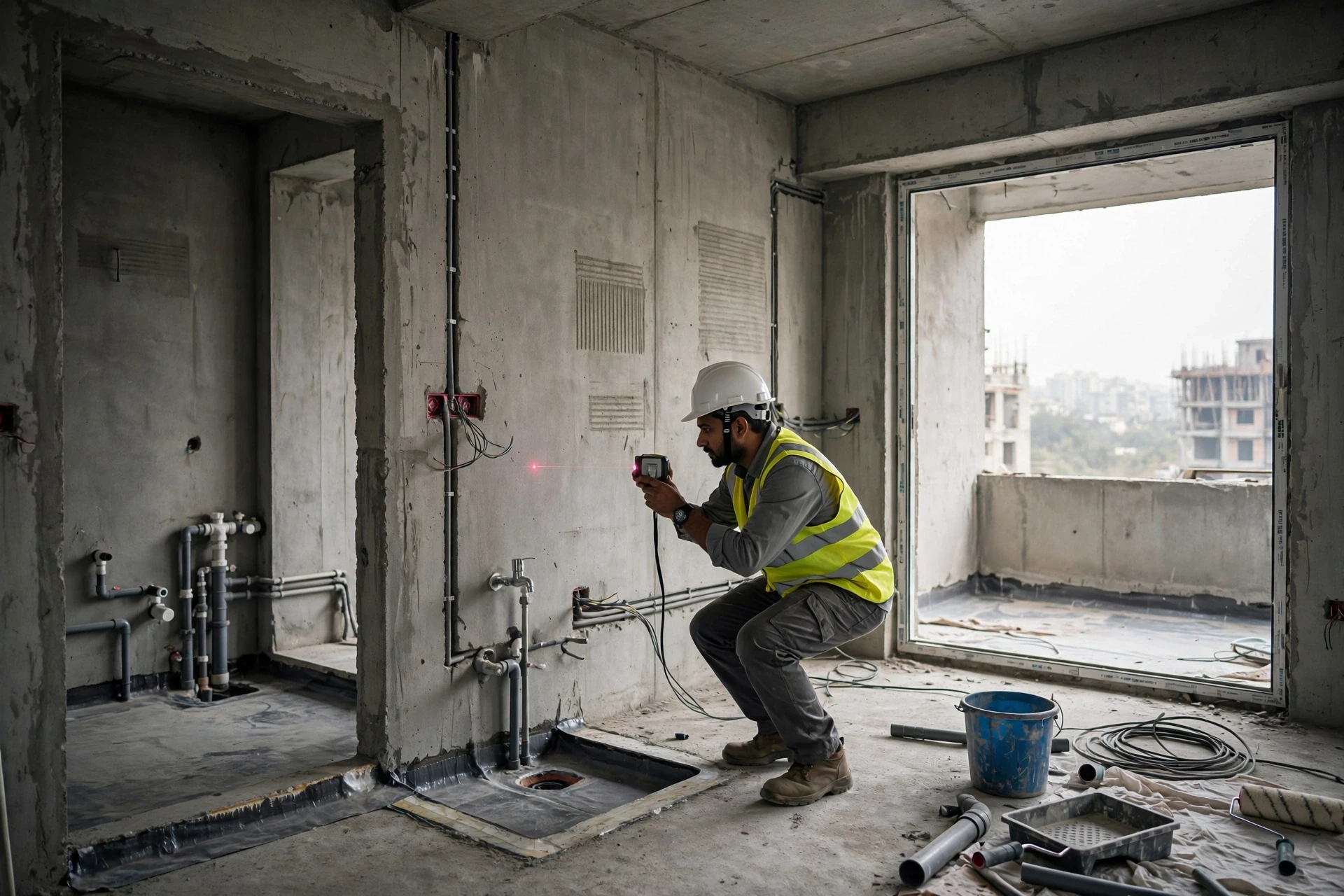 Surveyor measuring unfinished concrete room dimensions