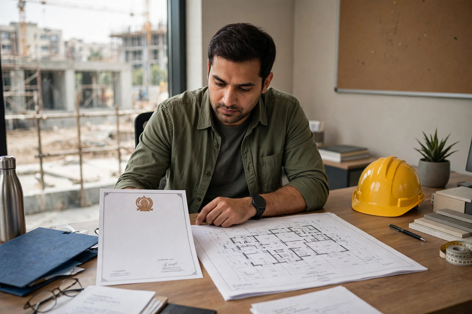 Buyer reviewing RERA certificate and building plans