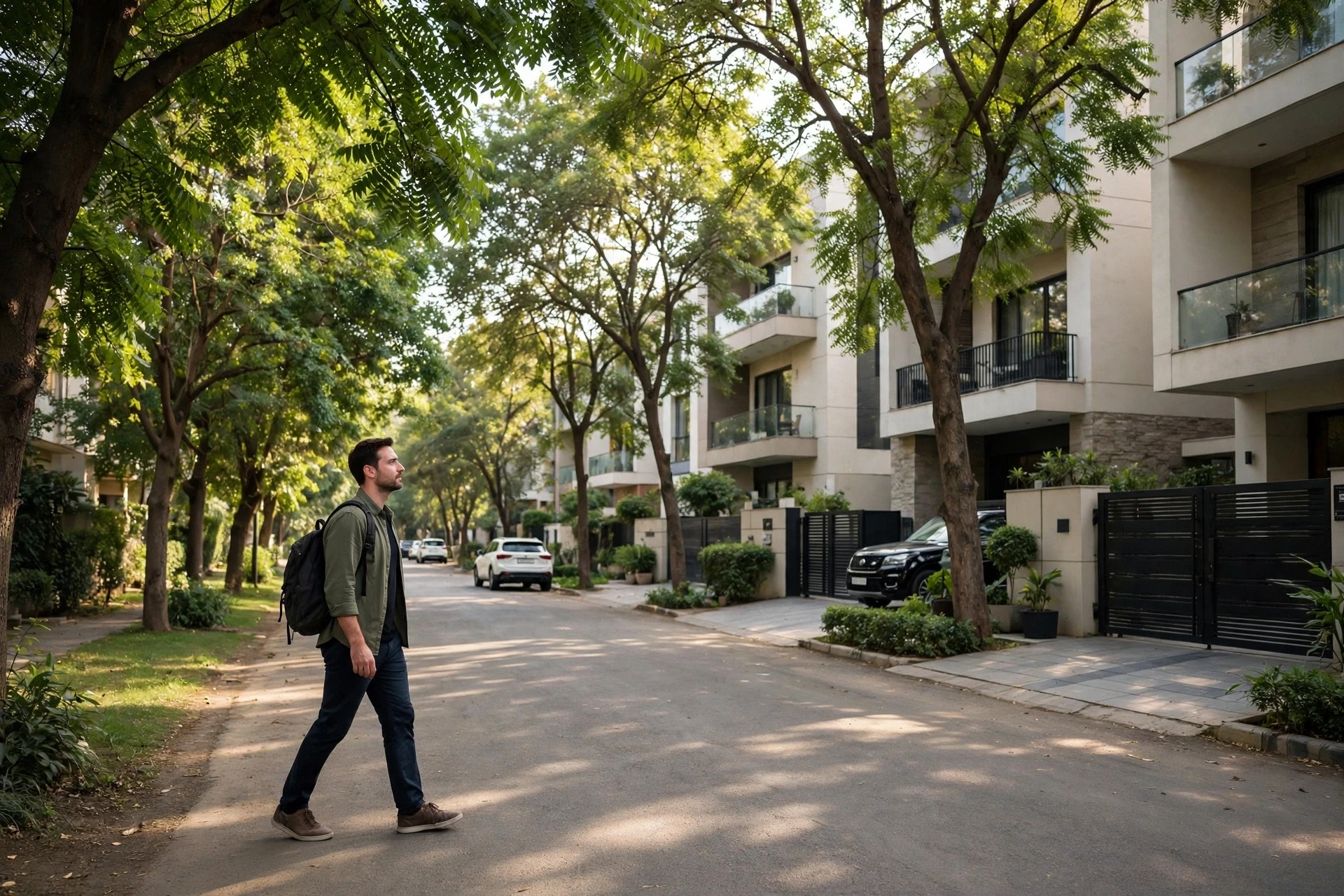 Buyer walking tree-lined Gurgaon residential street