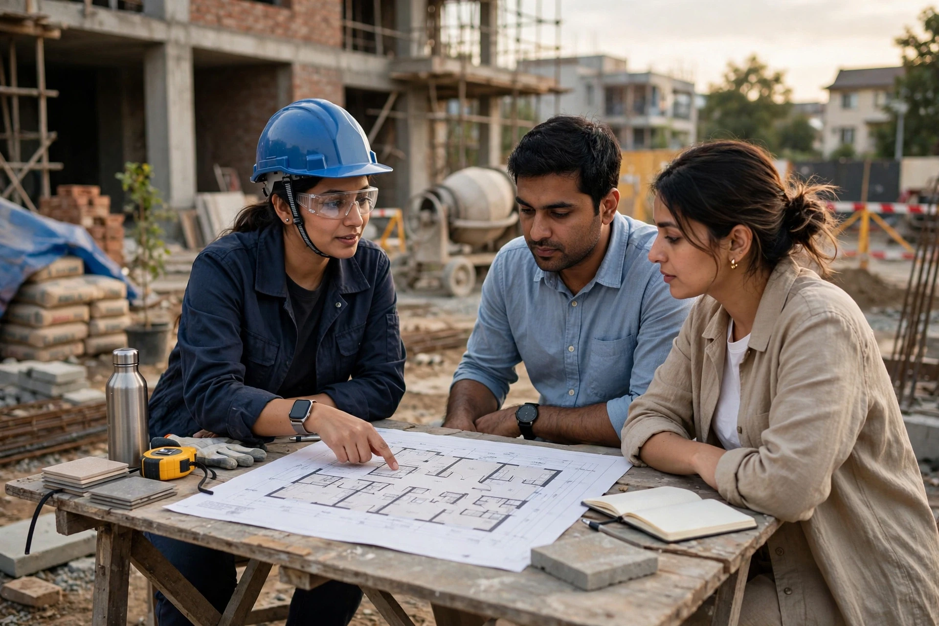 Architect presenting floor plan to couple