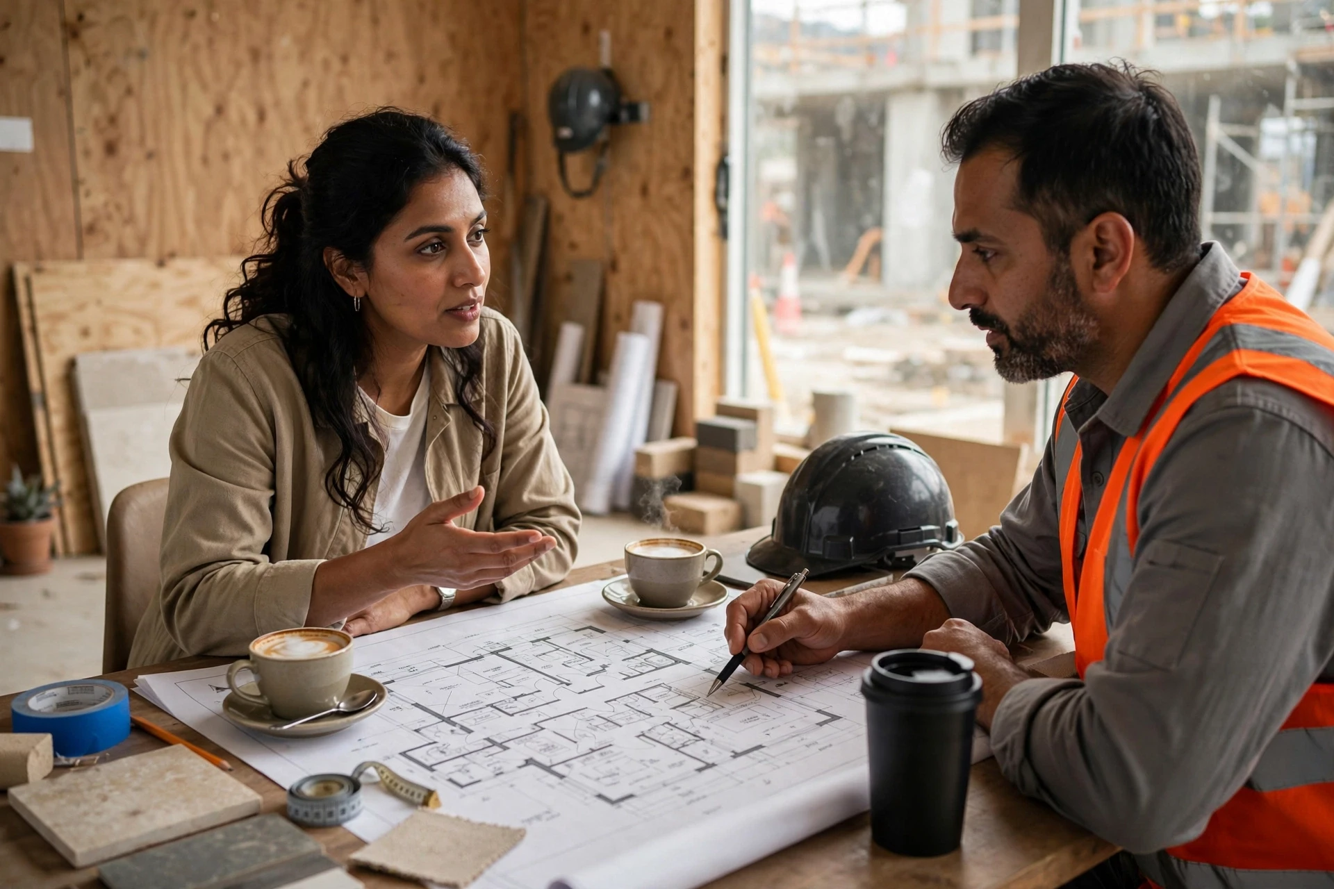 Homeowner and builder reviewing floor plans
