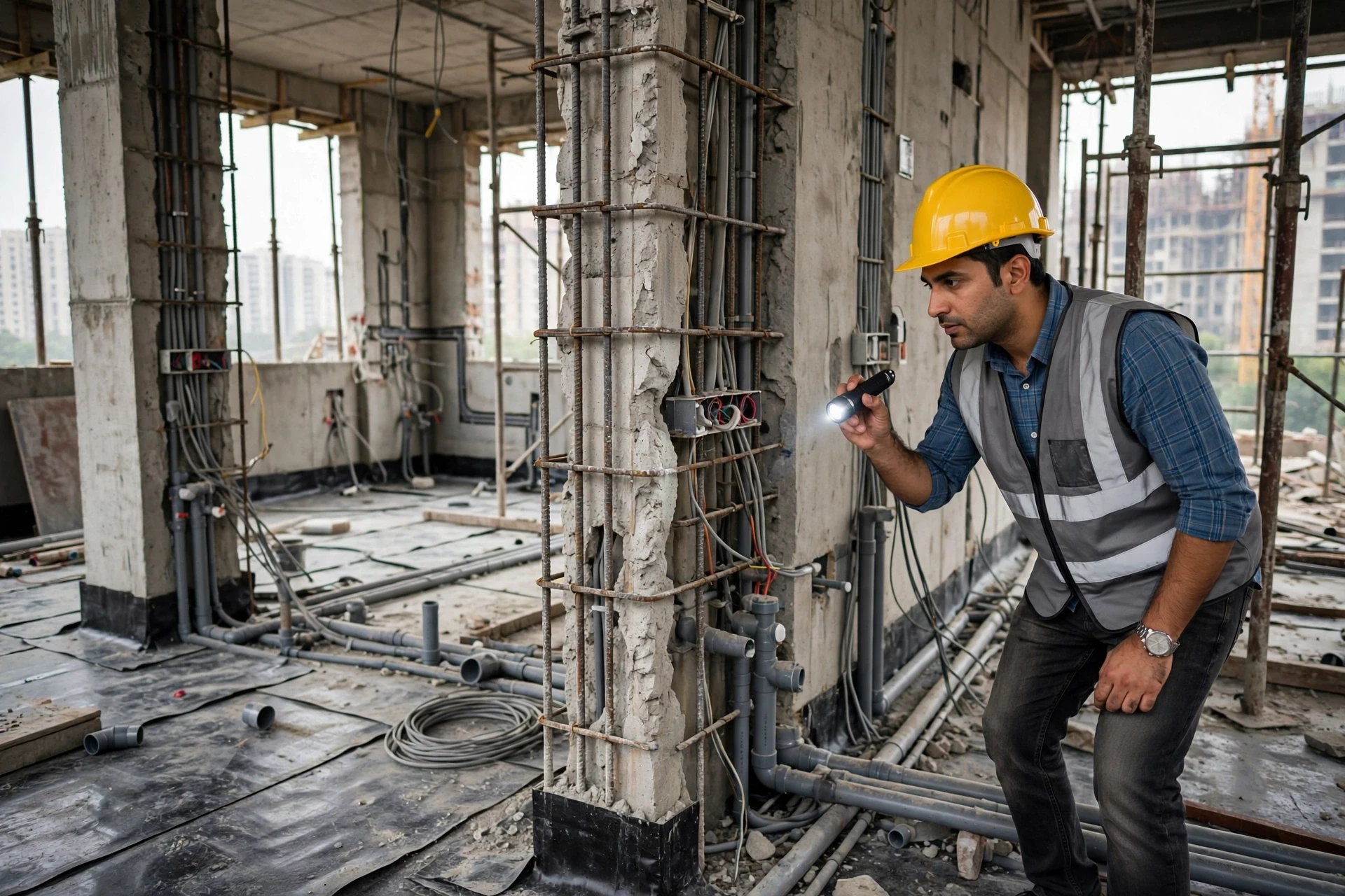 Buyer inspecting exposed concrete columns on site