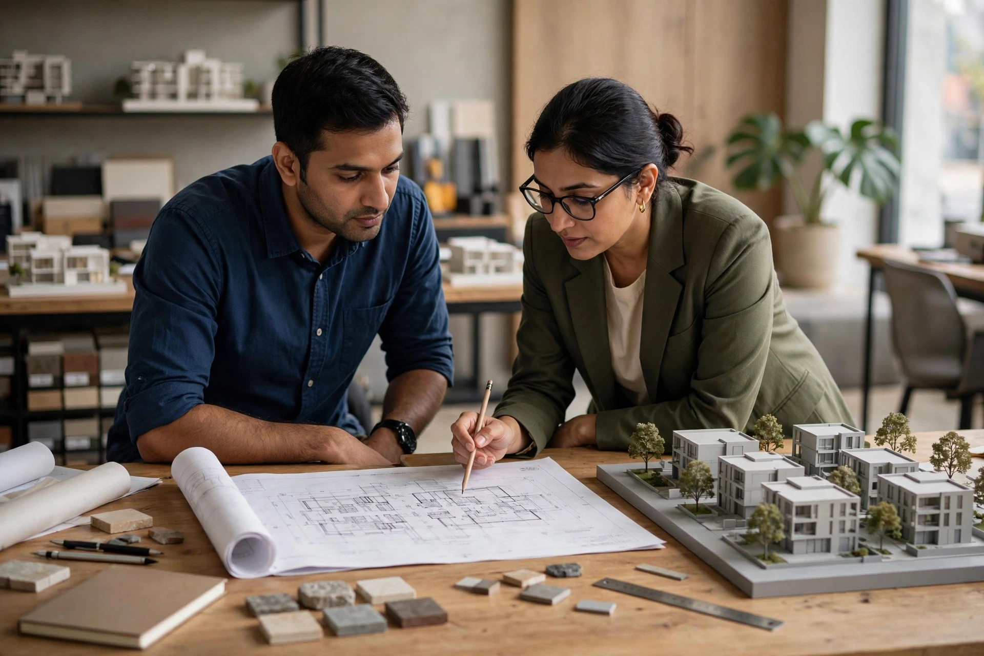Buyer reviewing layout plan with architect