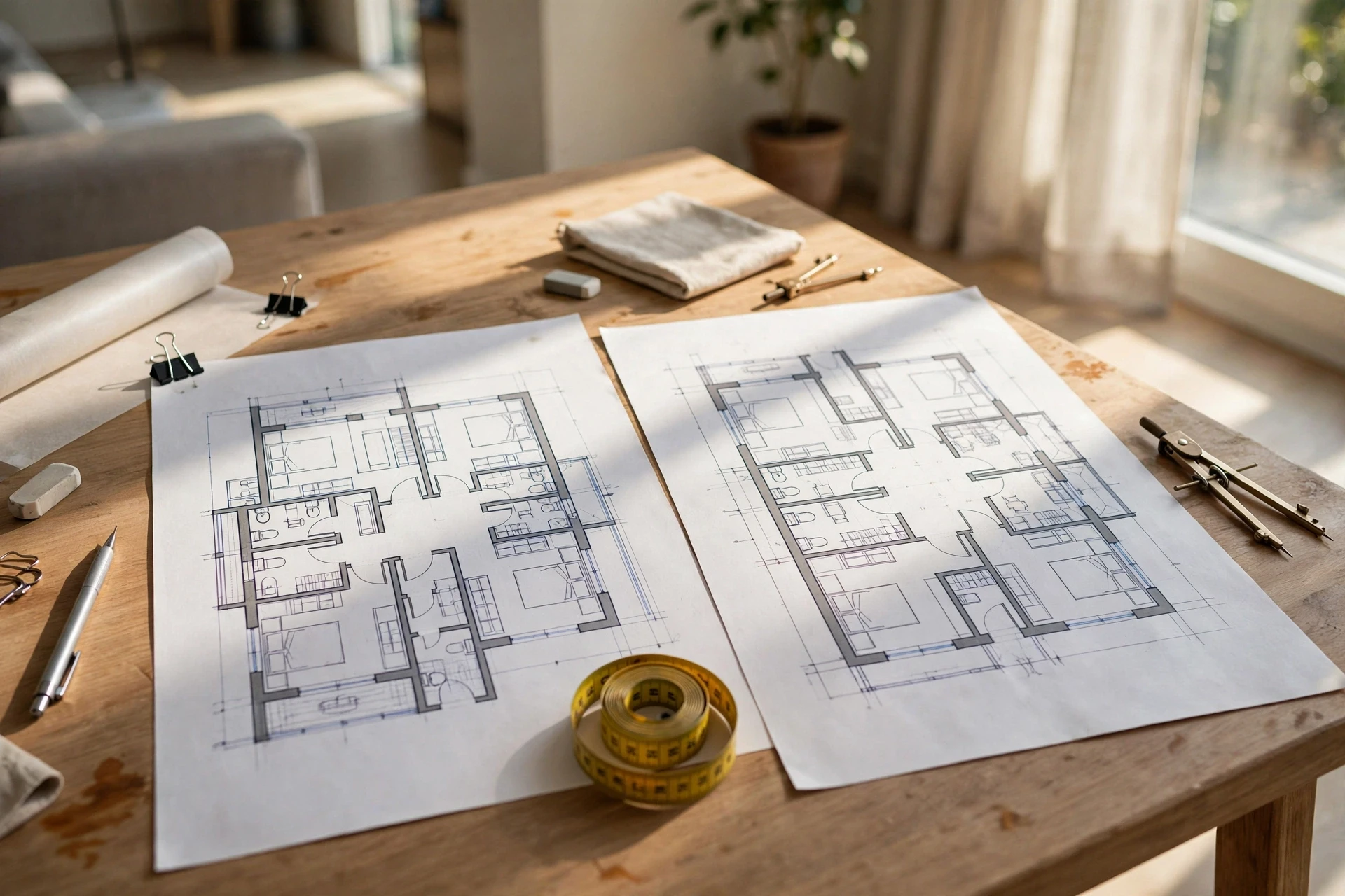 Floor plan and measuring tape on sunlit table