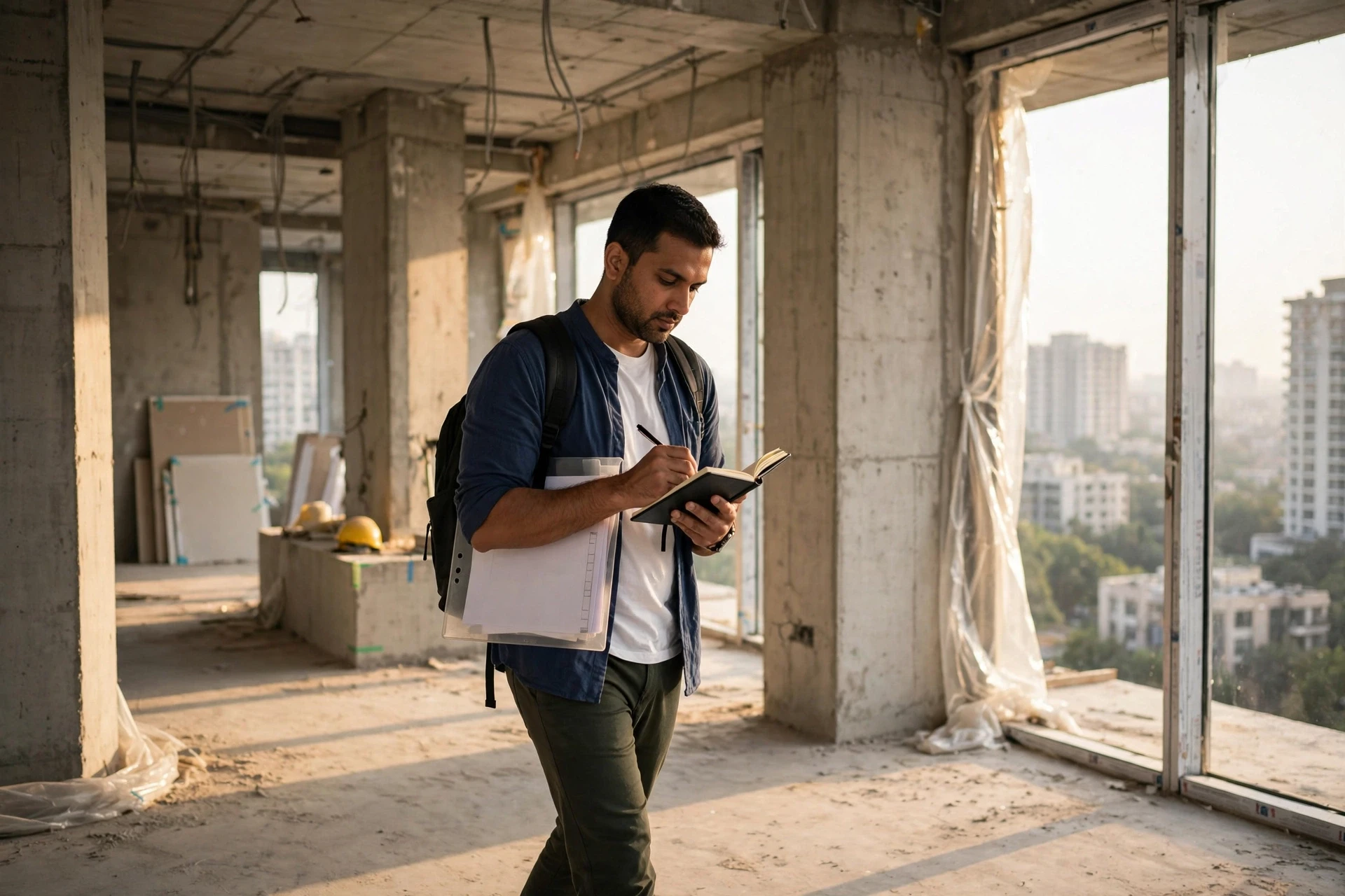 Buyer taking notes on unfinished luxury floor