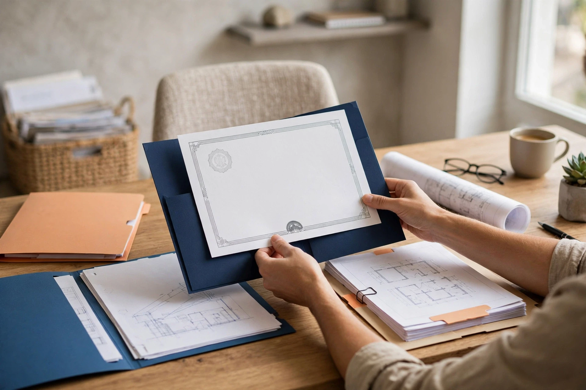 Buyer organizing labeled property documents and RERA certificate