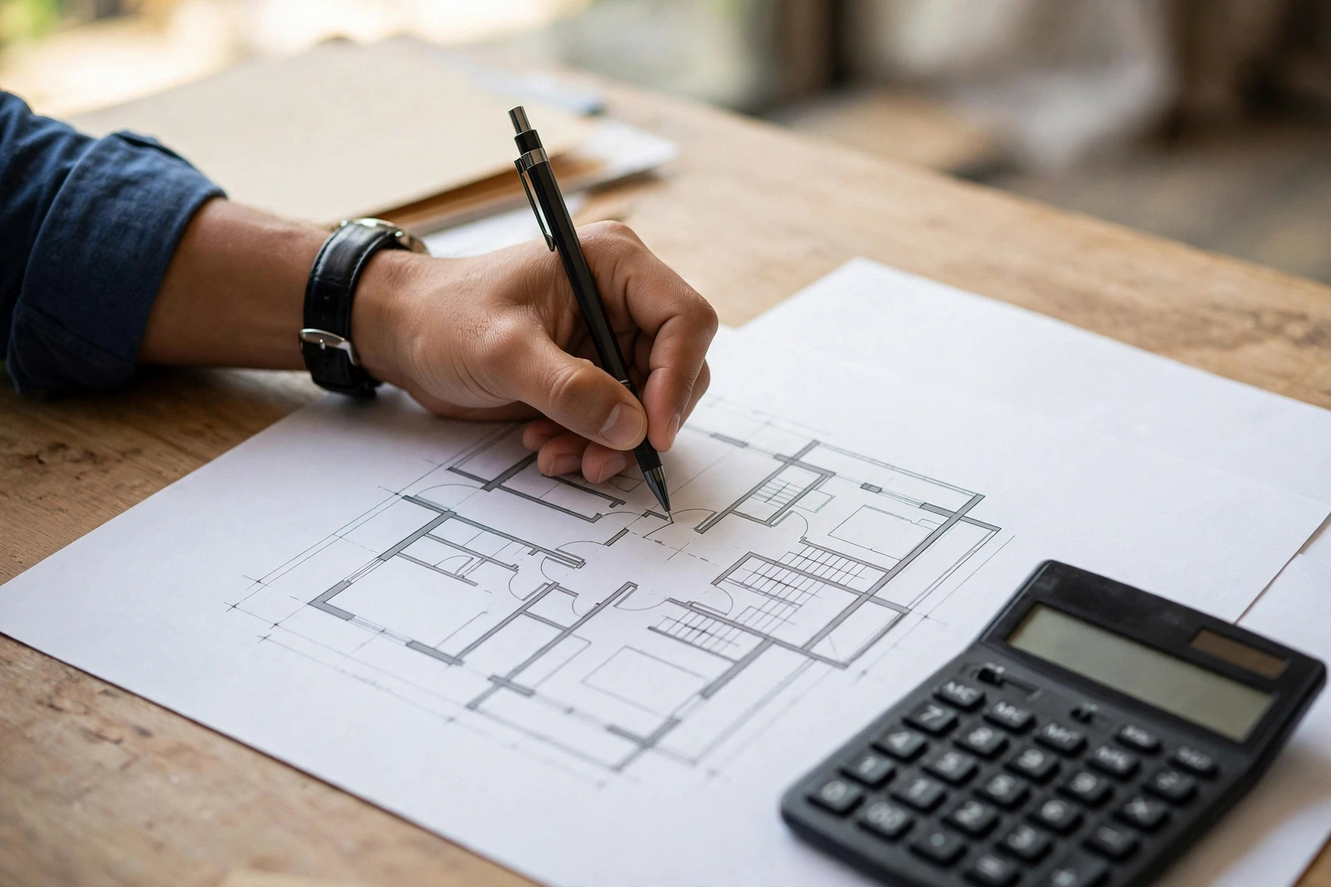 Developer measuring builder floor plan dimensions