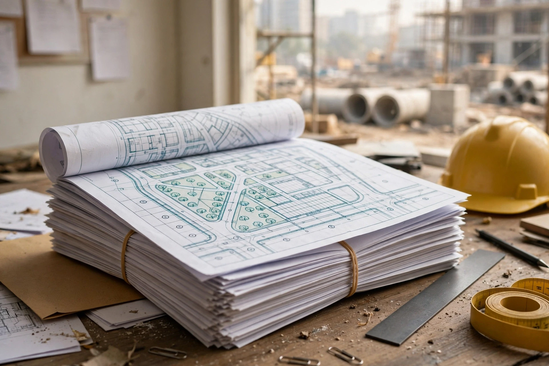 Stacked approval documents on a site office desk