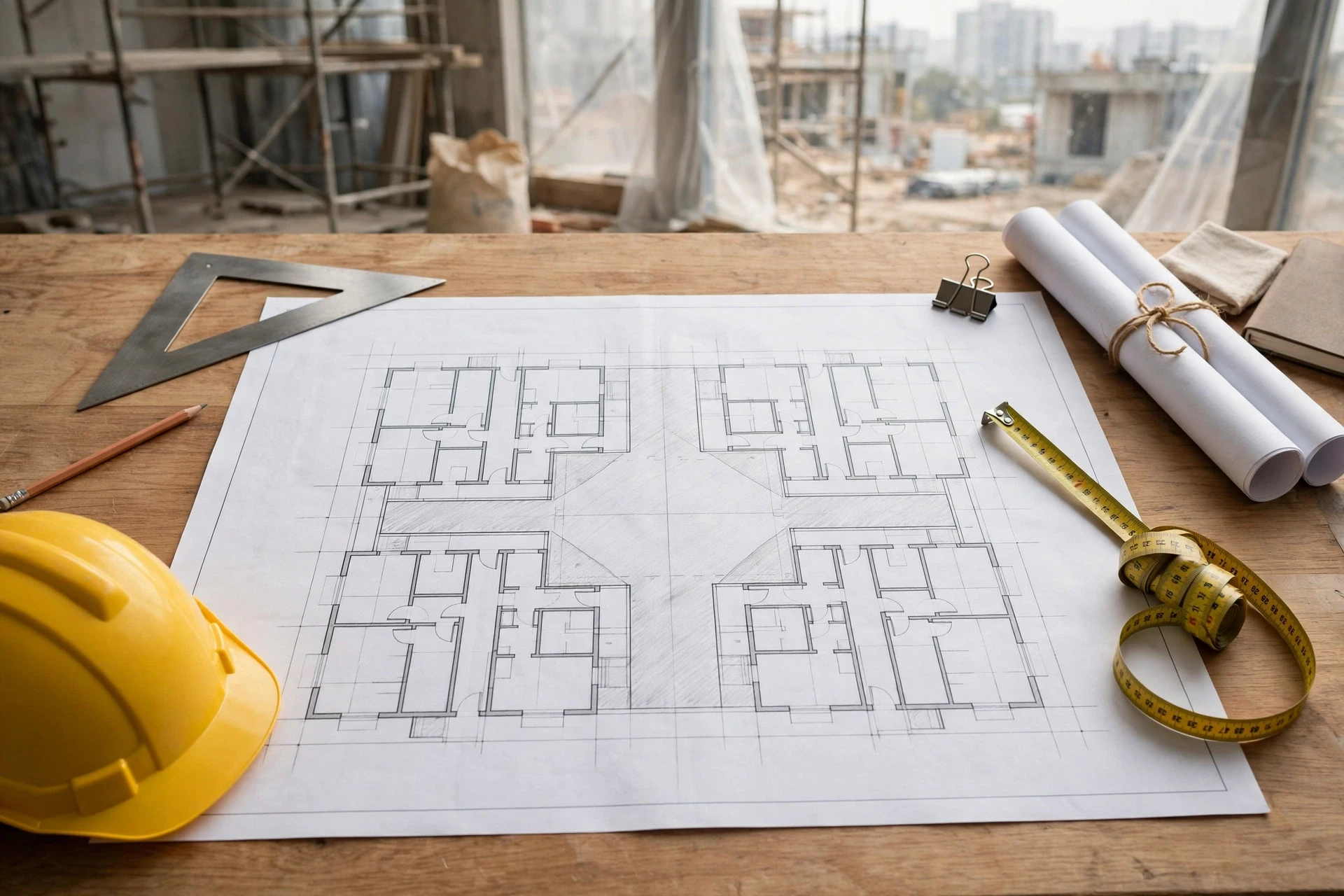 Architect's scale drawing beside tape measure on desk