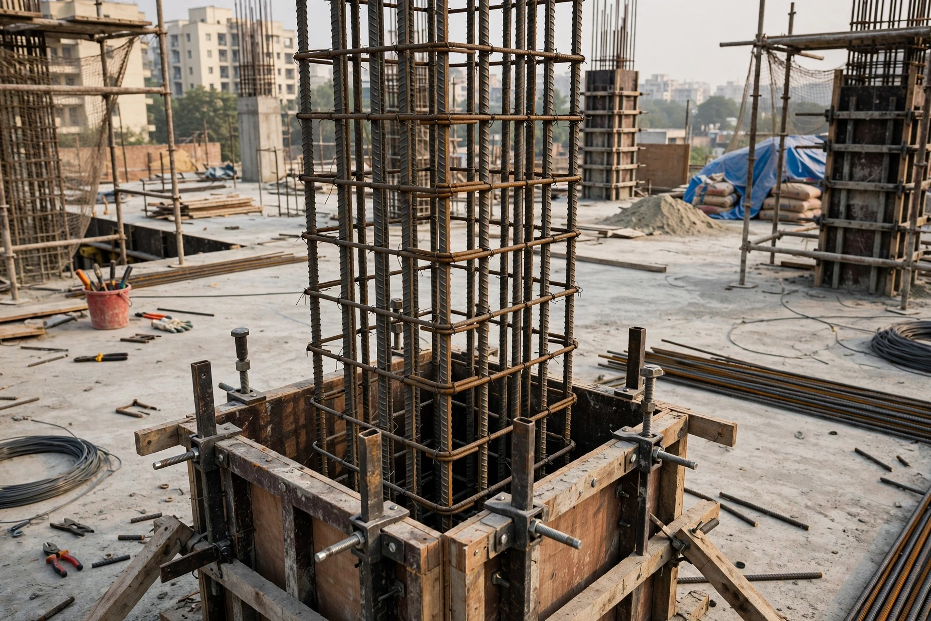 Steel rebar cage and RCC column formwork