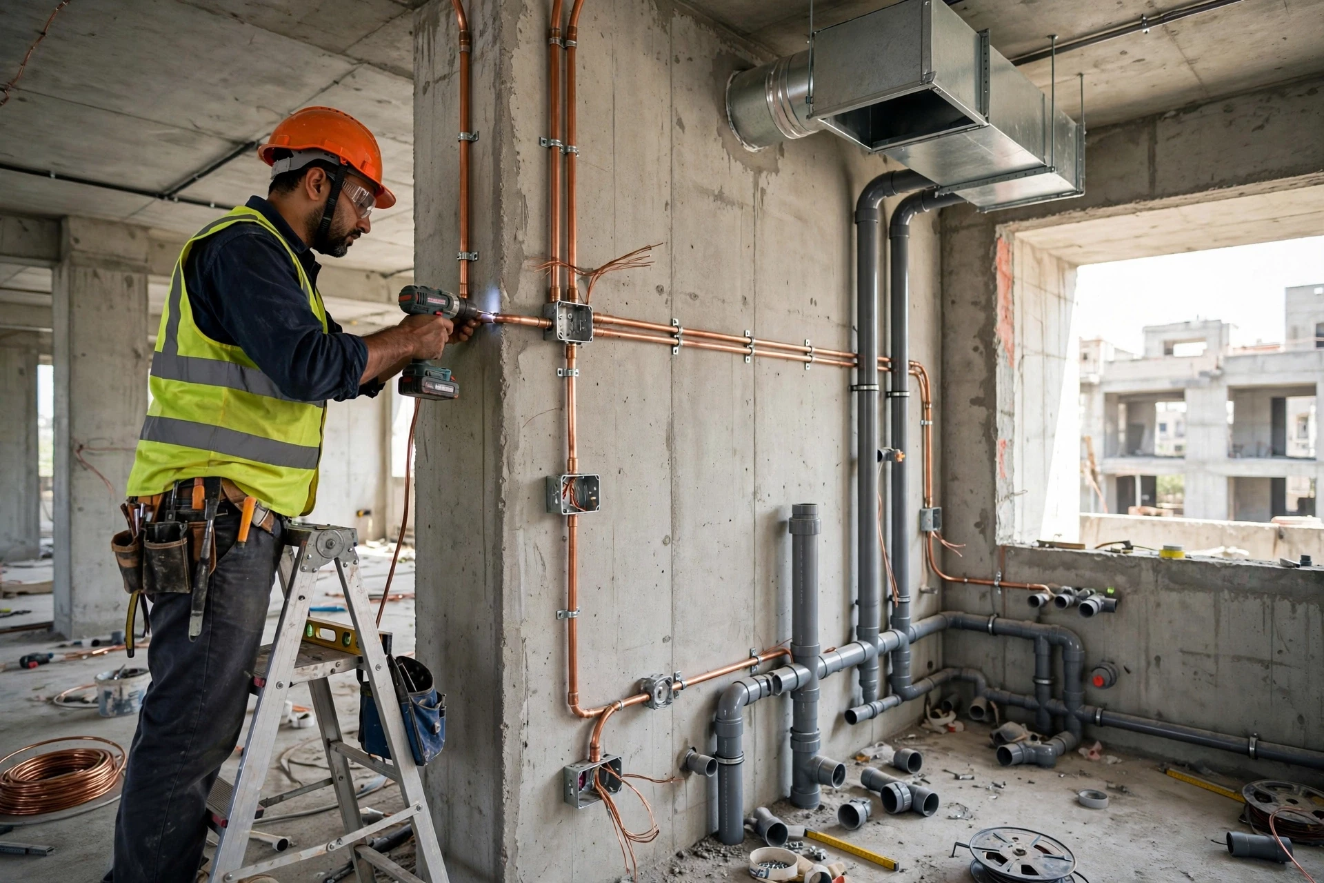 Electrician routing conduit wiring in unfinished builder floor
