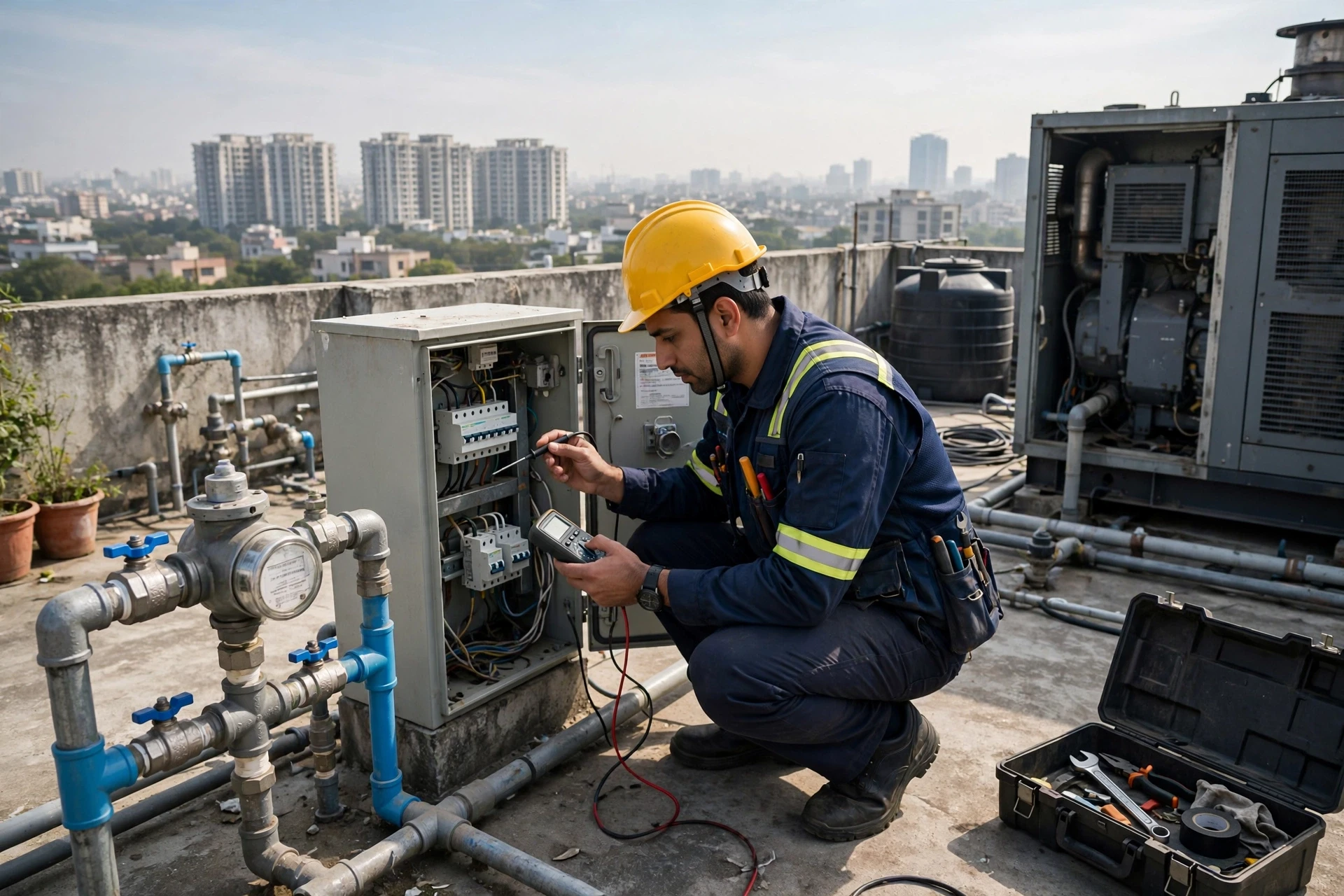 Technician inspecting rooftop water meter and electrical panel
