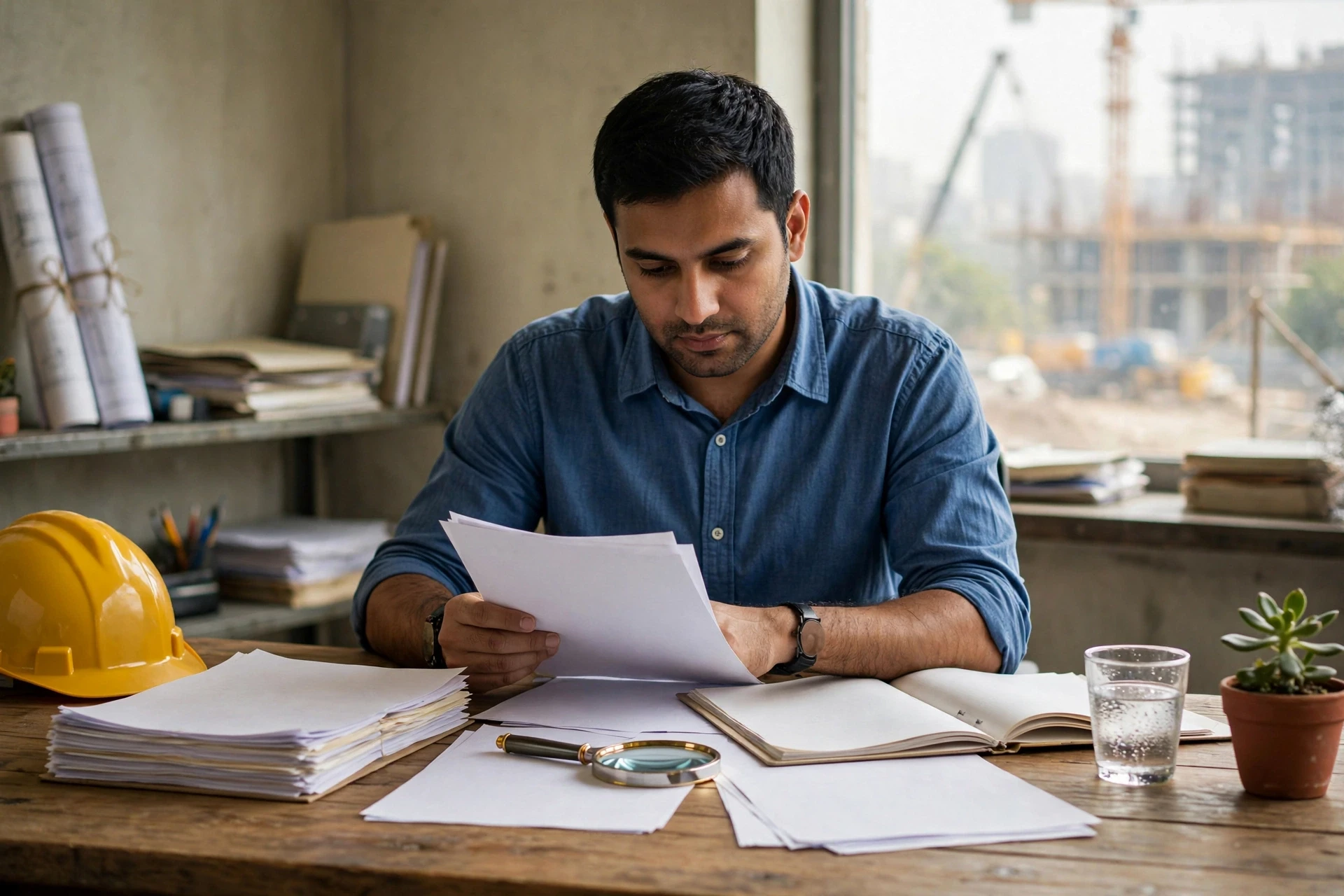 Buyer reviewing property title deeds in office