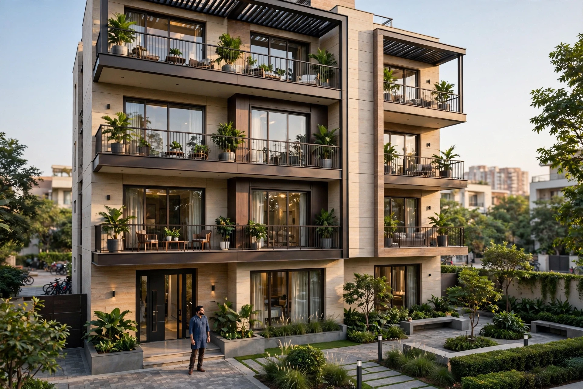 Three-storey builder floor with owner at entrance