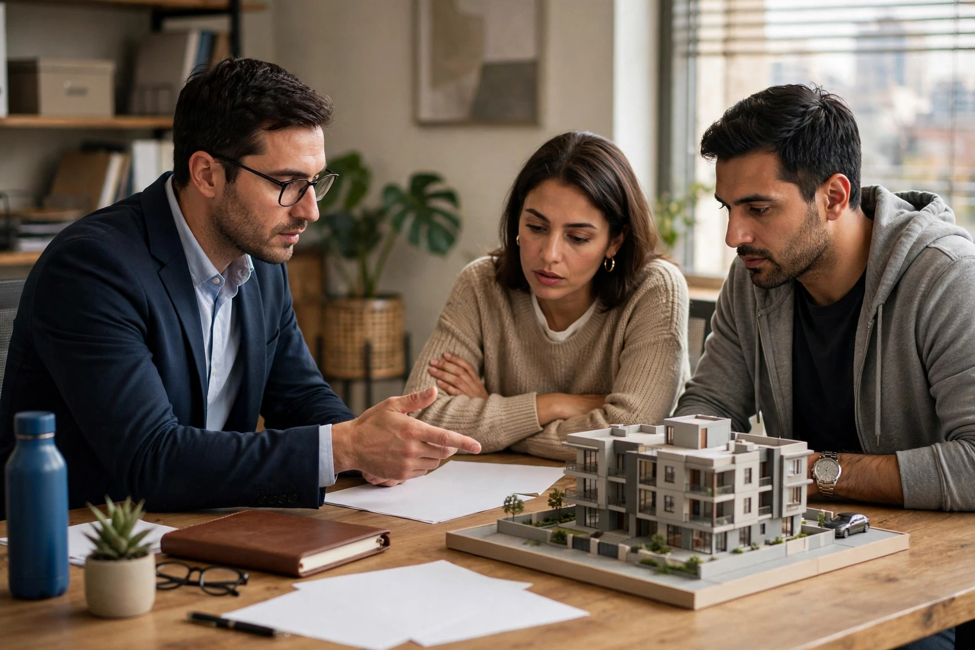 Lawyer reviewing property documents with couple
