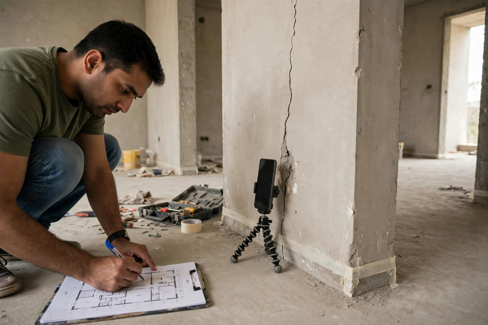 Buyer photographing wall crack beside floor plan