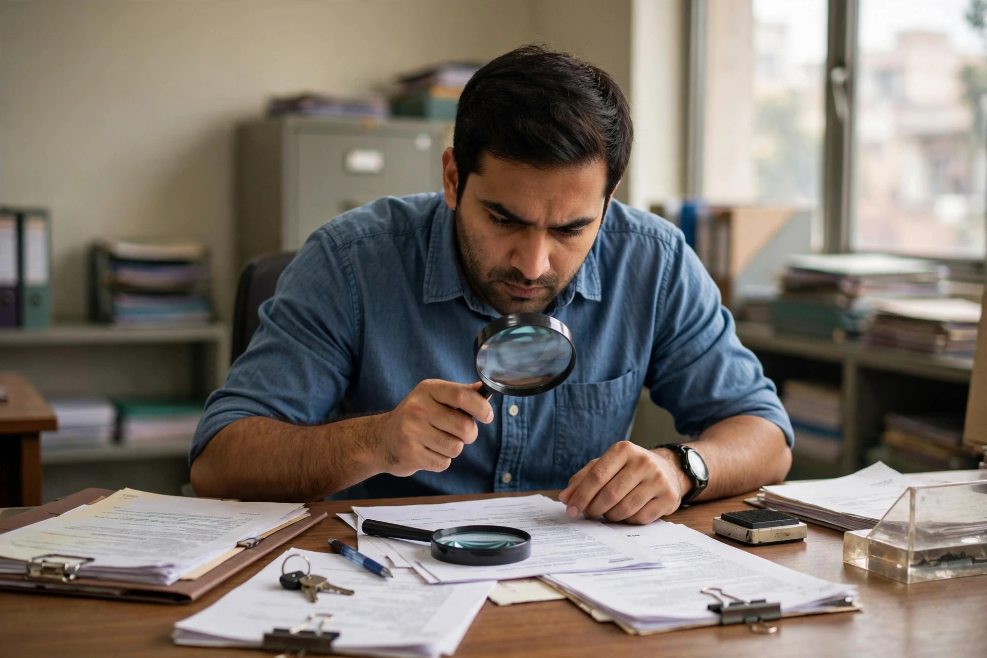 Buyer inspecting property title documents with magnifying glass