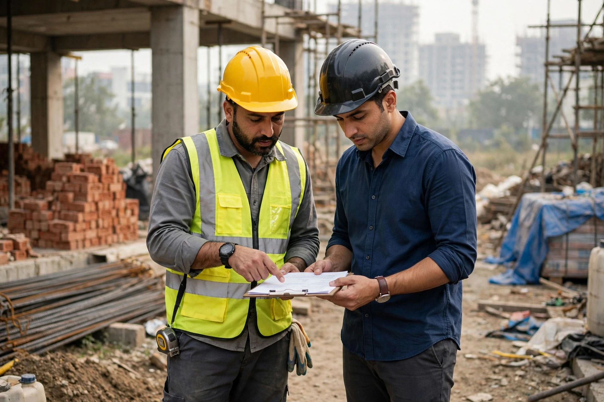 Builder and buyer reviewing specification sheet on site