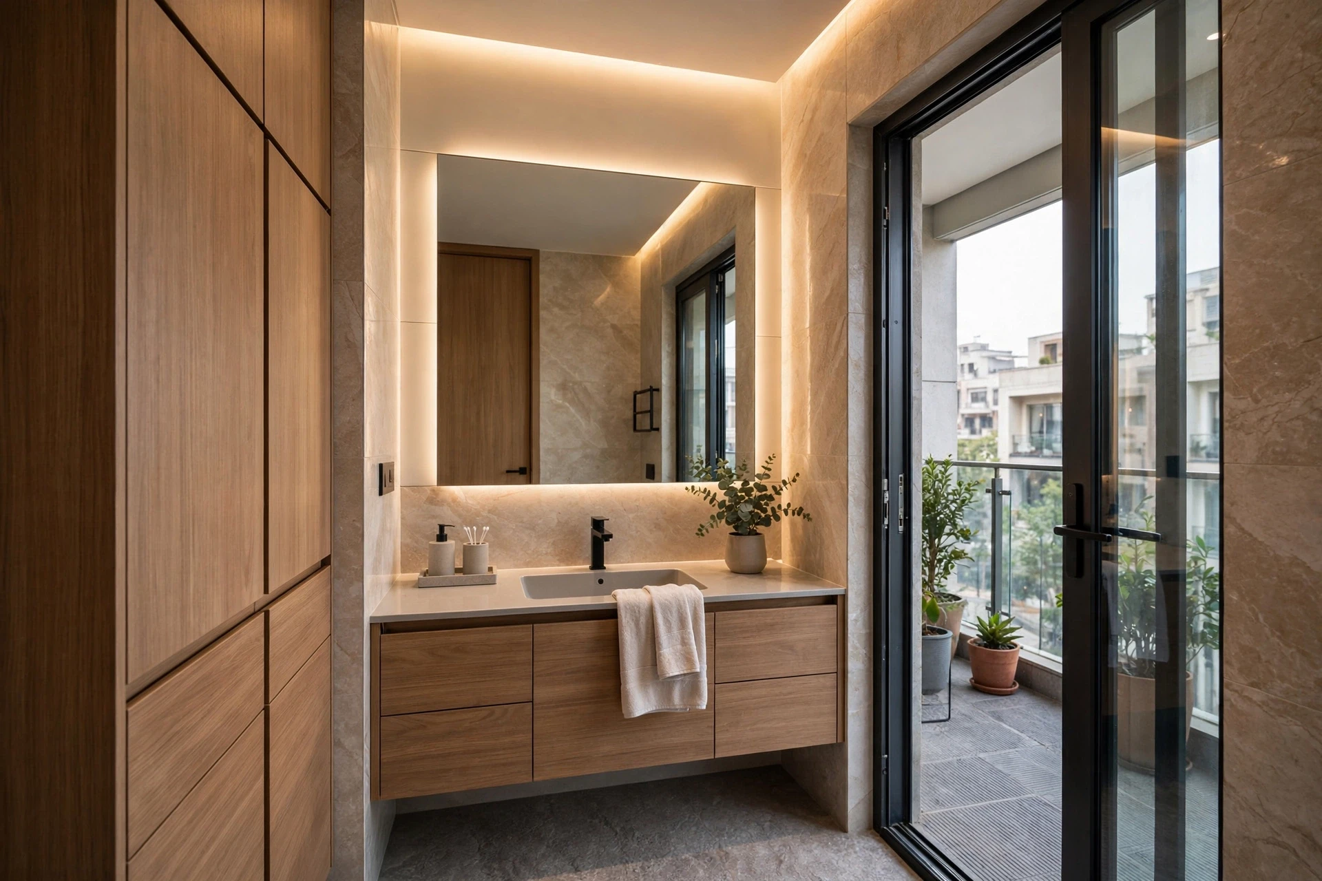 Finished bathroom with vanity and concealed lighting