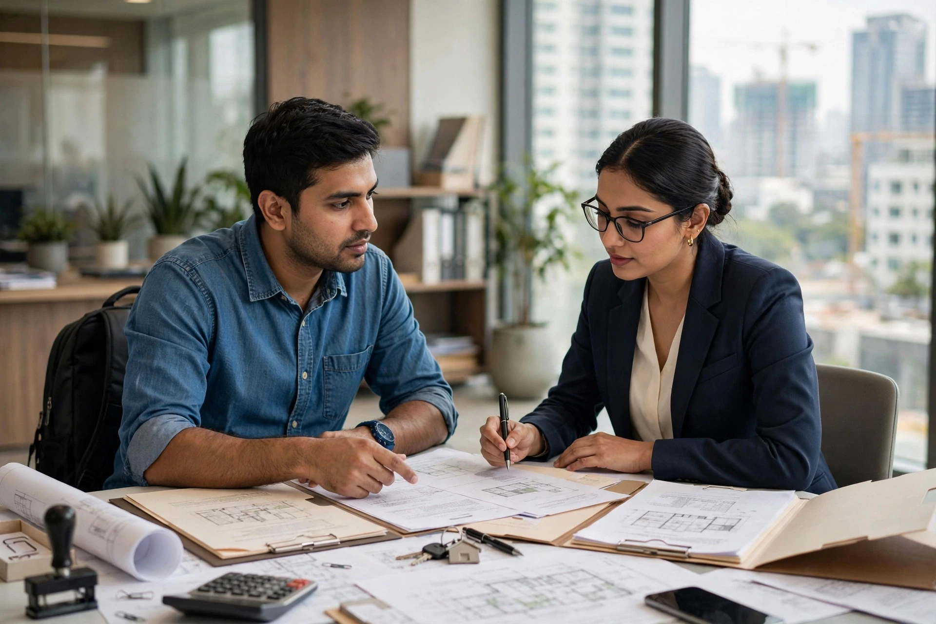 Homebuyer reviewing property documents with loan officer