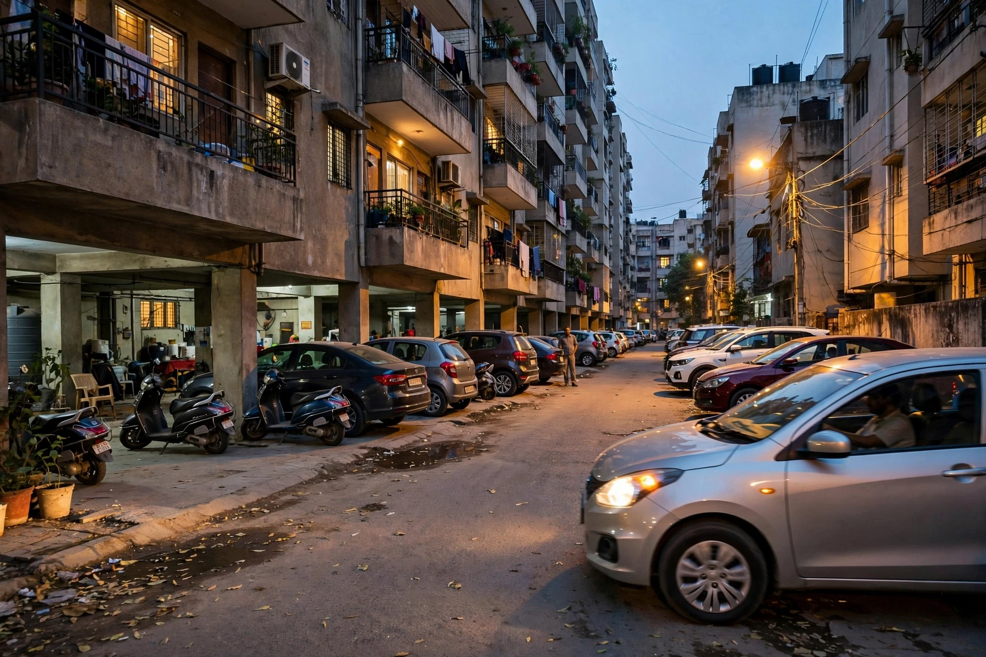 Narrow residential lane with parked cars