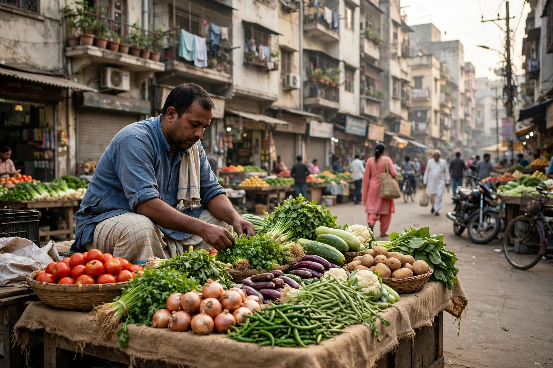 Shopkeeper arranging vegetables in morning market light