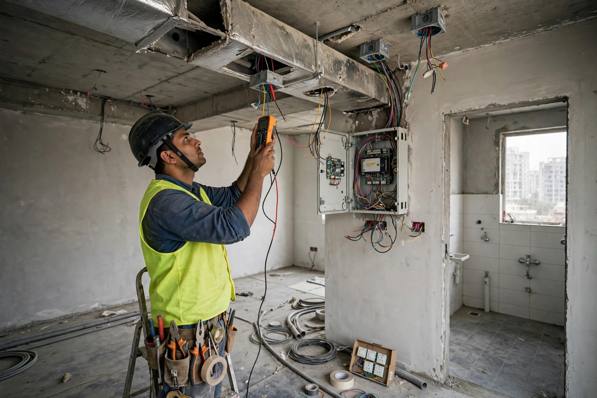 Electrician inspecting ceiling wiring in unfinished flat