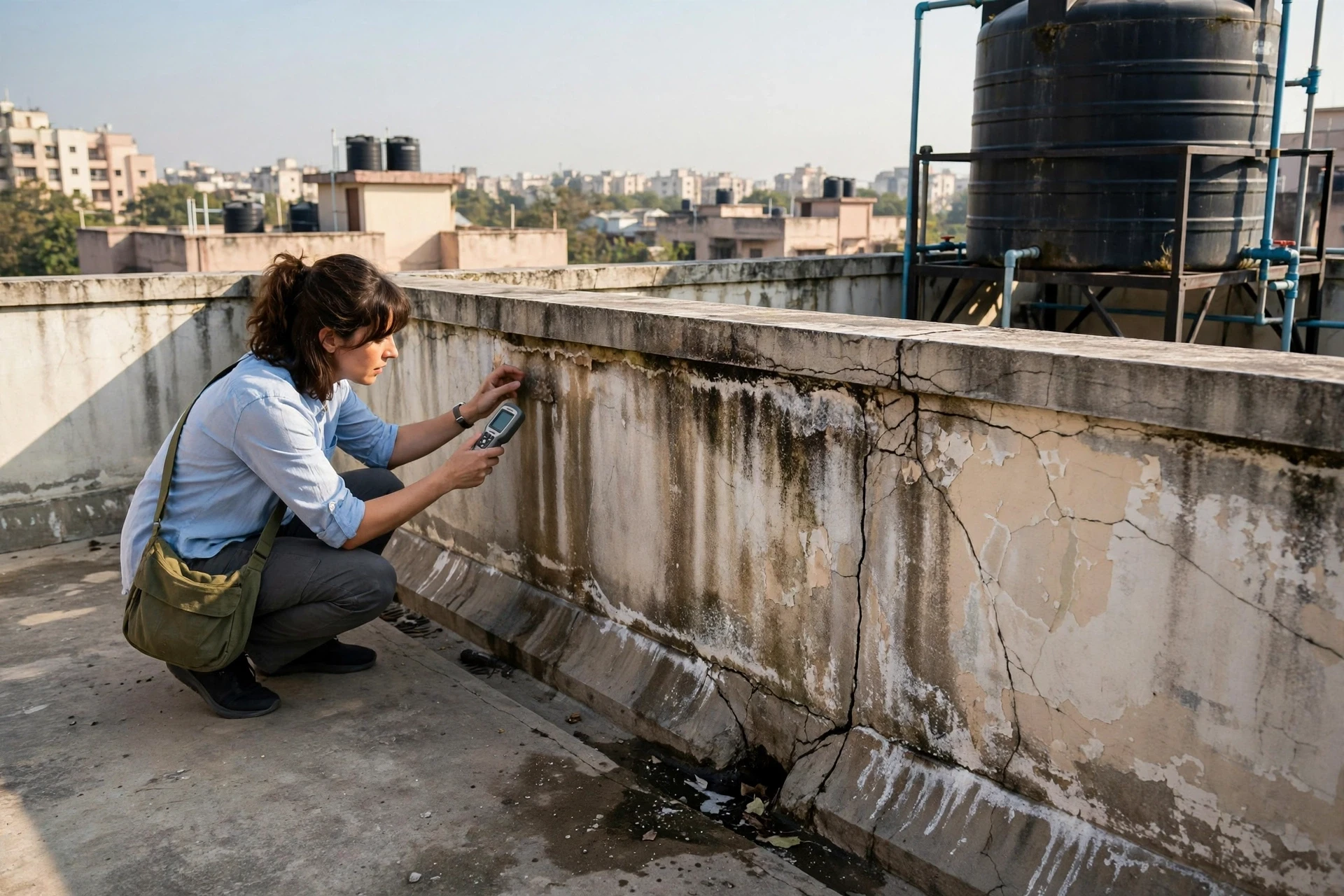 Buyer inspecting rooftop parapet for seepage