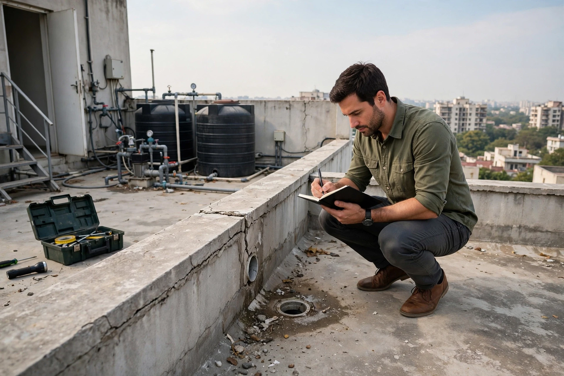Buyer inspecting rooftop terrace drain and parapet