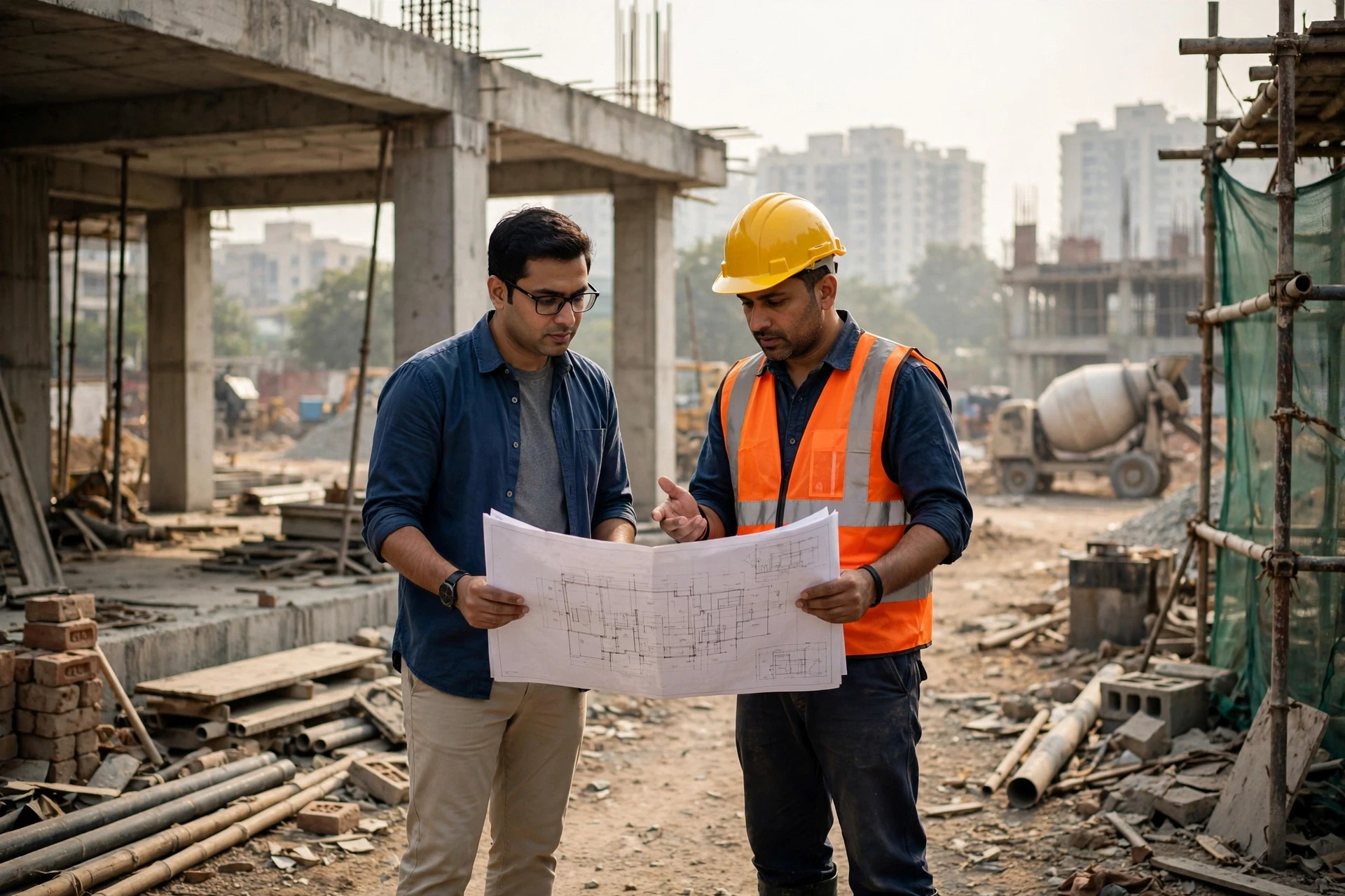 Owner and engineer reviewing drawings at construction site