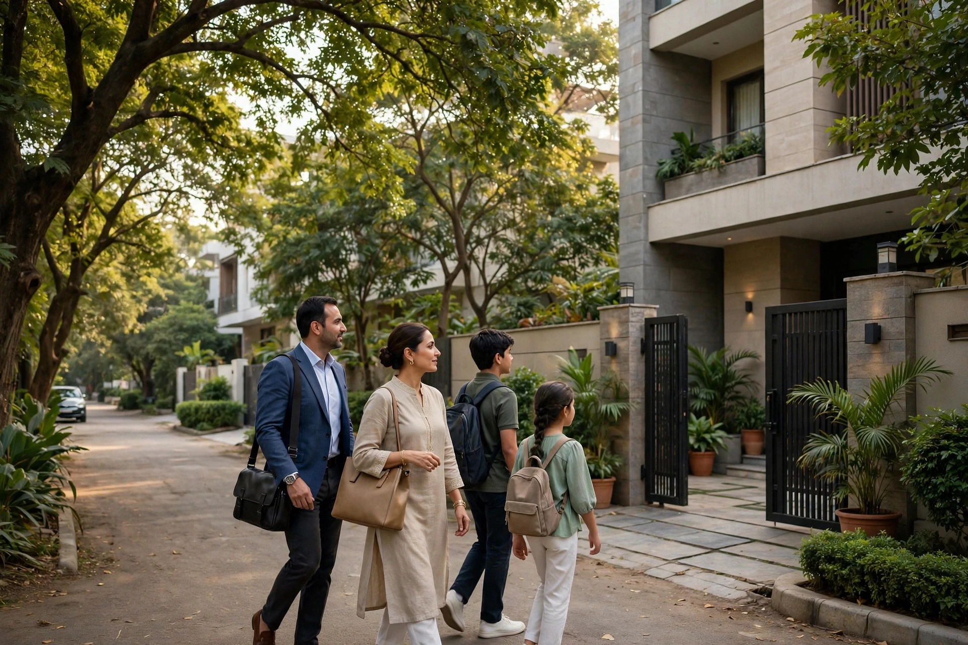 Affluent family approaching independent builder floor entrance